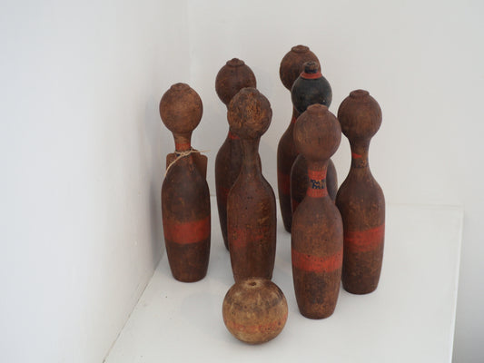 Vintage Antique French Set of Painted Wooden Skittles / French Bowling Game With Seven Pins