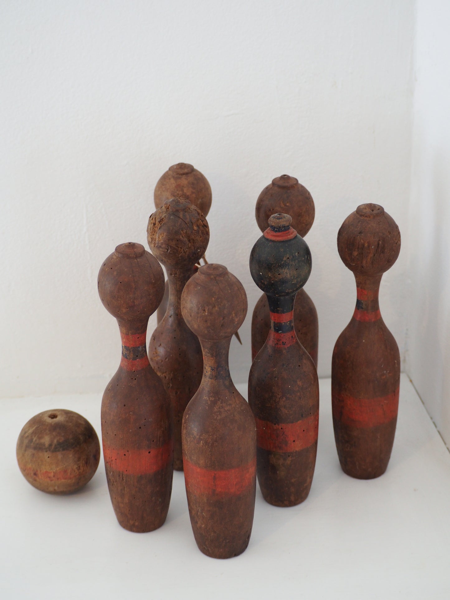 Vintage Antique French Set of Painted Wooden Skittles / French Bowling Game With Seven Pins