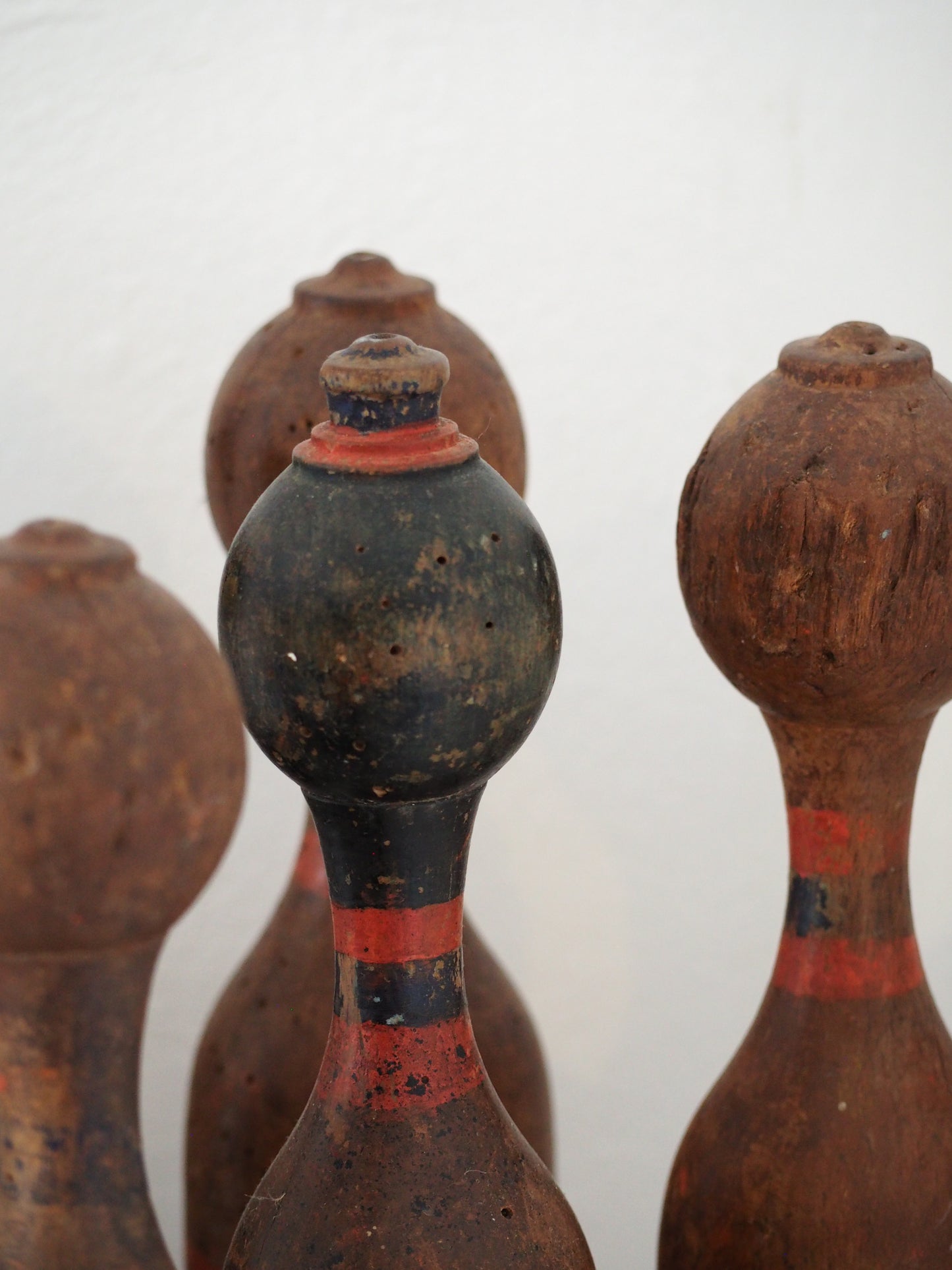 Vintage Antique French Set of Painted Wooden Skittles / French Bowling Game With Seven Pins