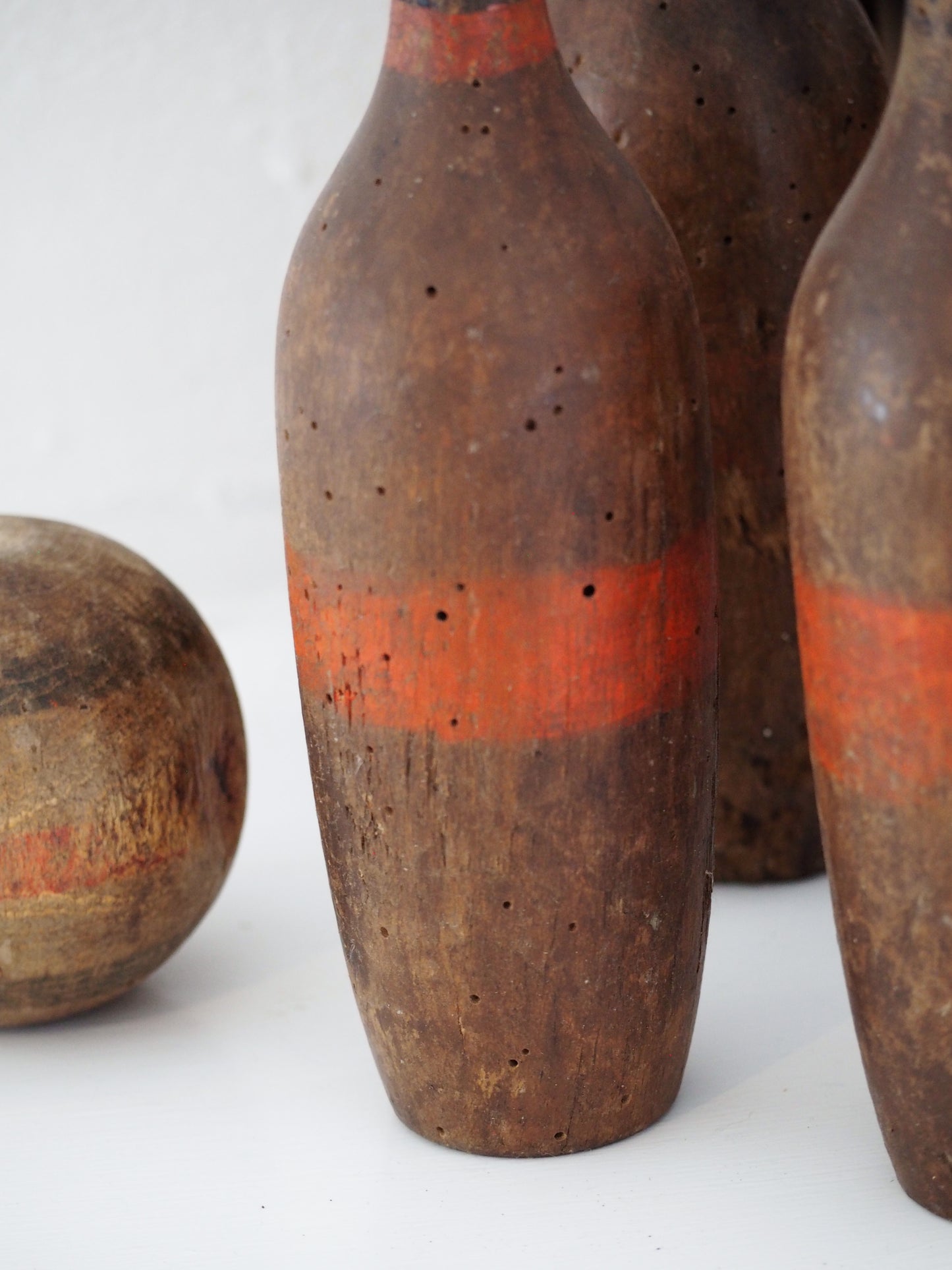 Vintage Antique French Set of Painted Wooden Skittles / French Bowling Game With Seven Pins