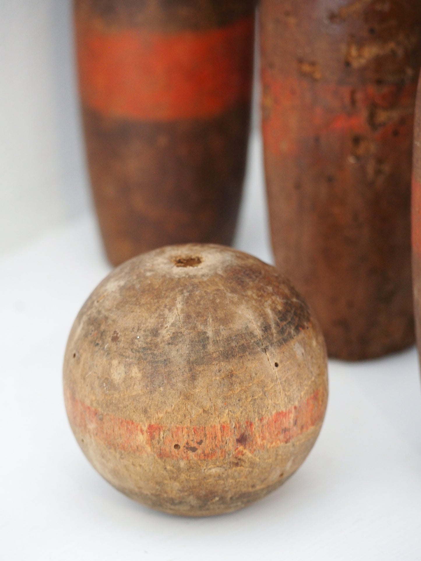 Vintage Antique French Set of Painted Wooden Skittles / French Bowling Game With Seven Pins