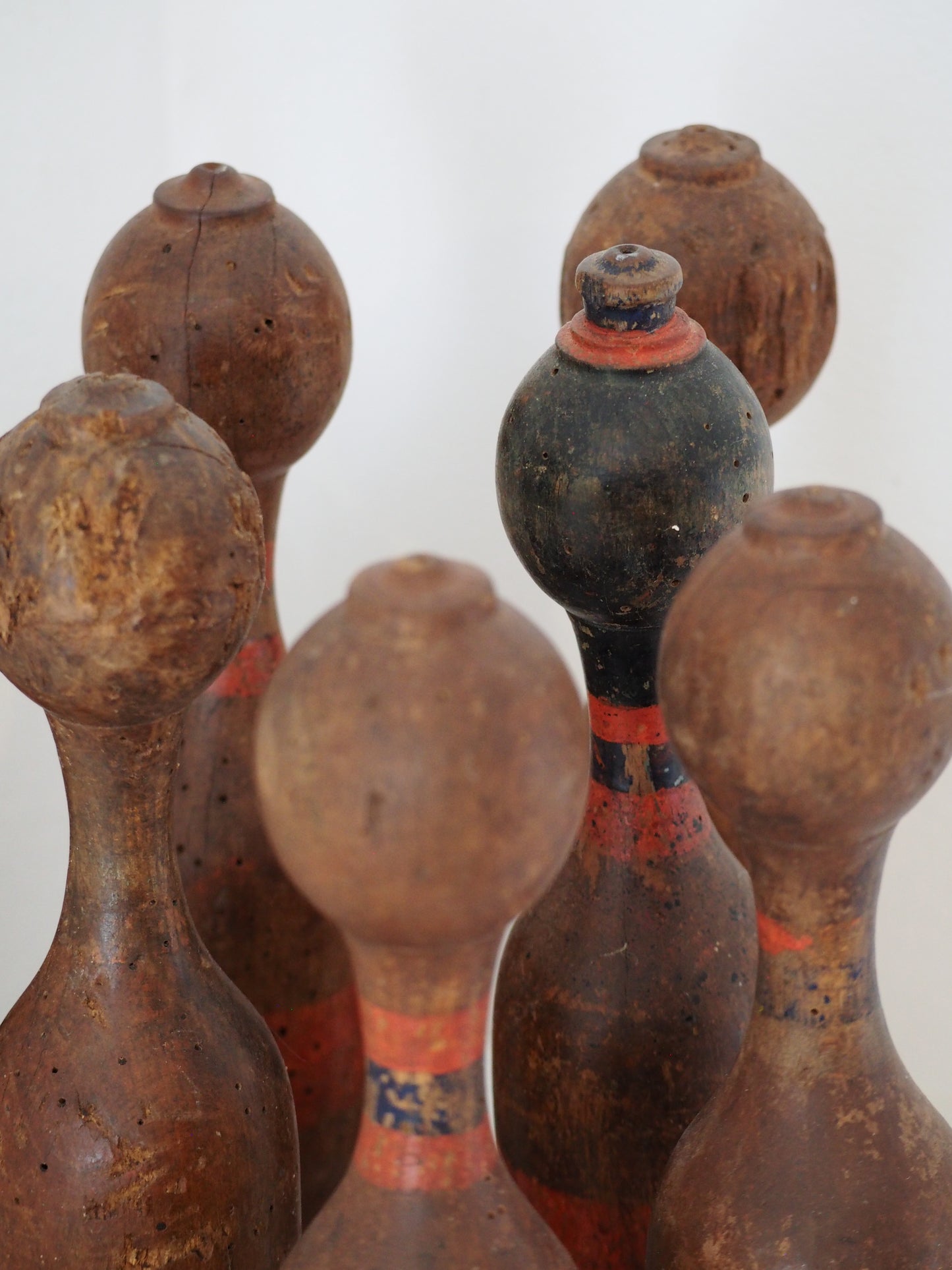 Vintage Antique French Set of Painted Wooden Skittles / French Bowling Game With Seven Pins