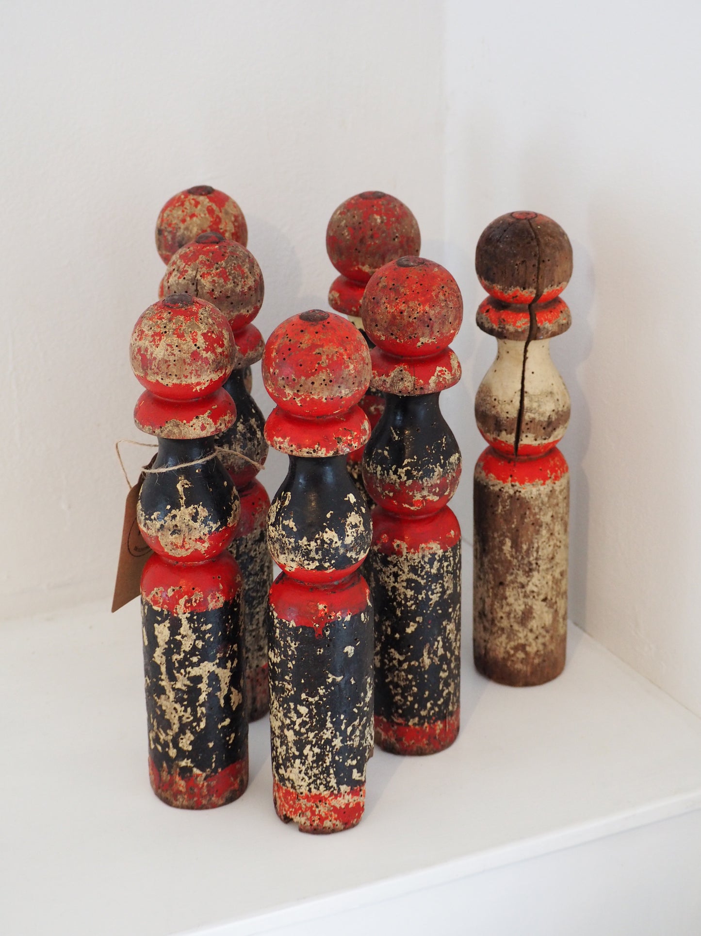 Vintage Antique French Set of Painted Wooden Skittles / French Bowling Game With Seven Pins