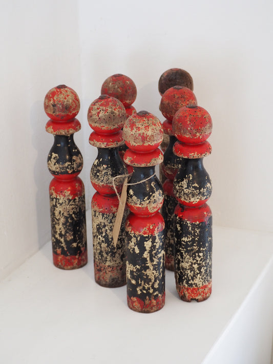 Vintage Antique French Set of Painted Wooden Skittles / French Bowling Game With Seven Pins