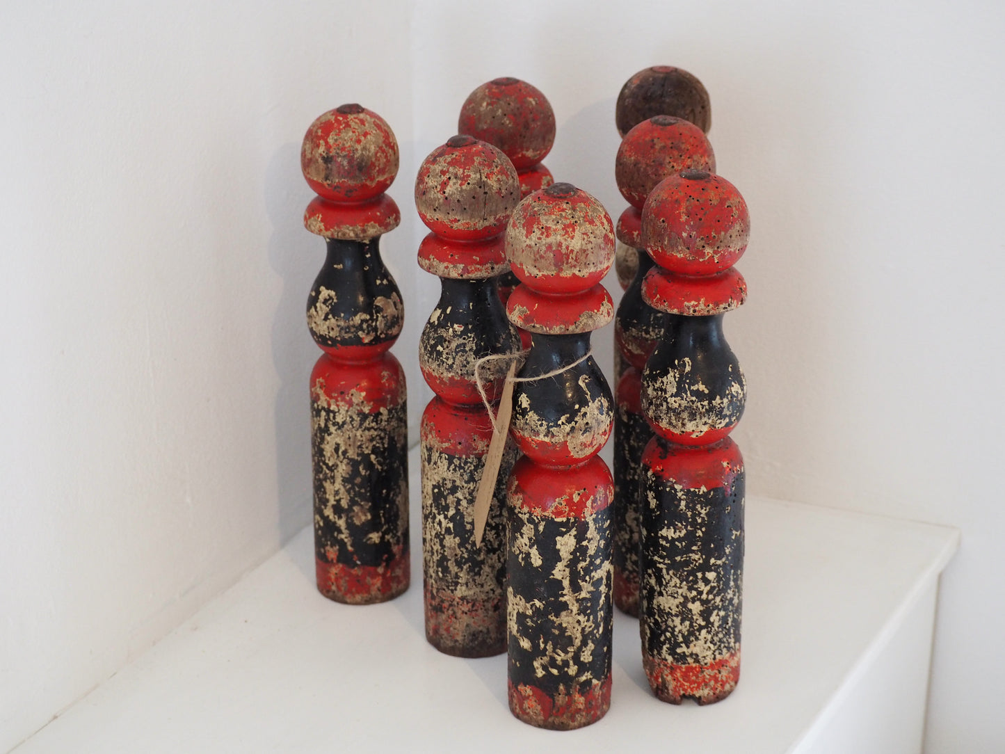 Vintage Antique French Set of Painted Wooden Skittles / French Bowling Game With Seven Pins