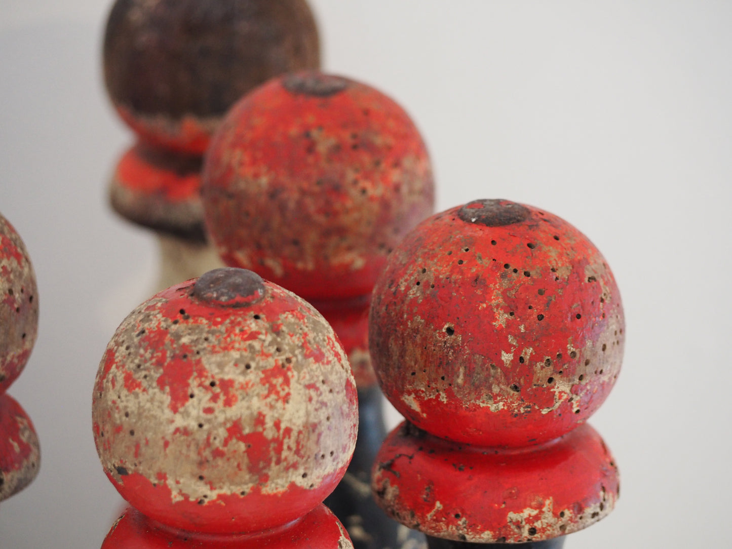 Vintage Antique French Set of Painted Wooden Skittles / French Bowling Game With Seven Pins
