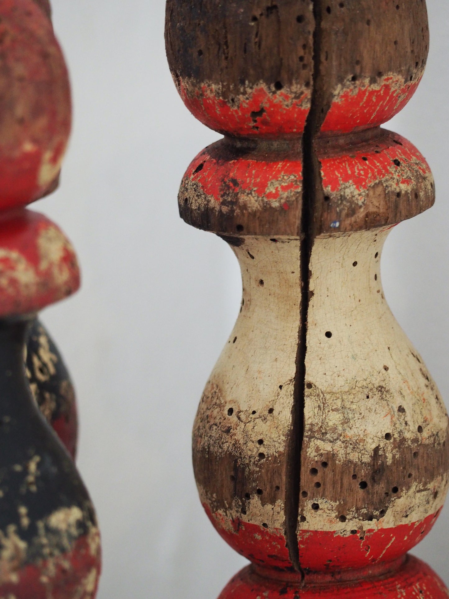 Vintage Antique French Set of Painted Wooden Skittles / French Bowling Game With Seven Pins