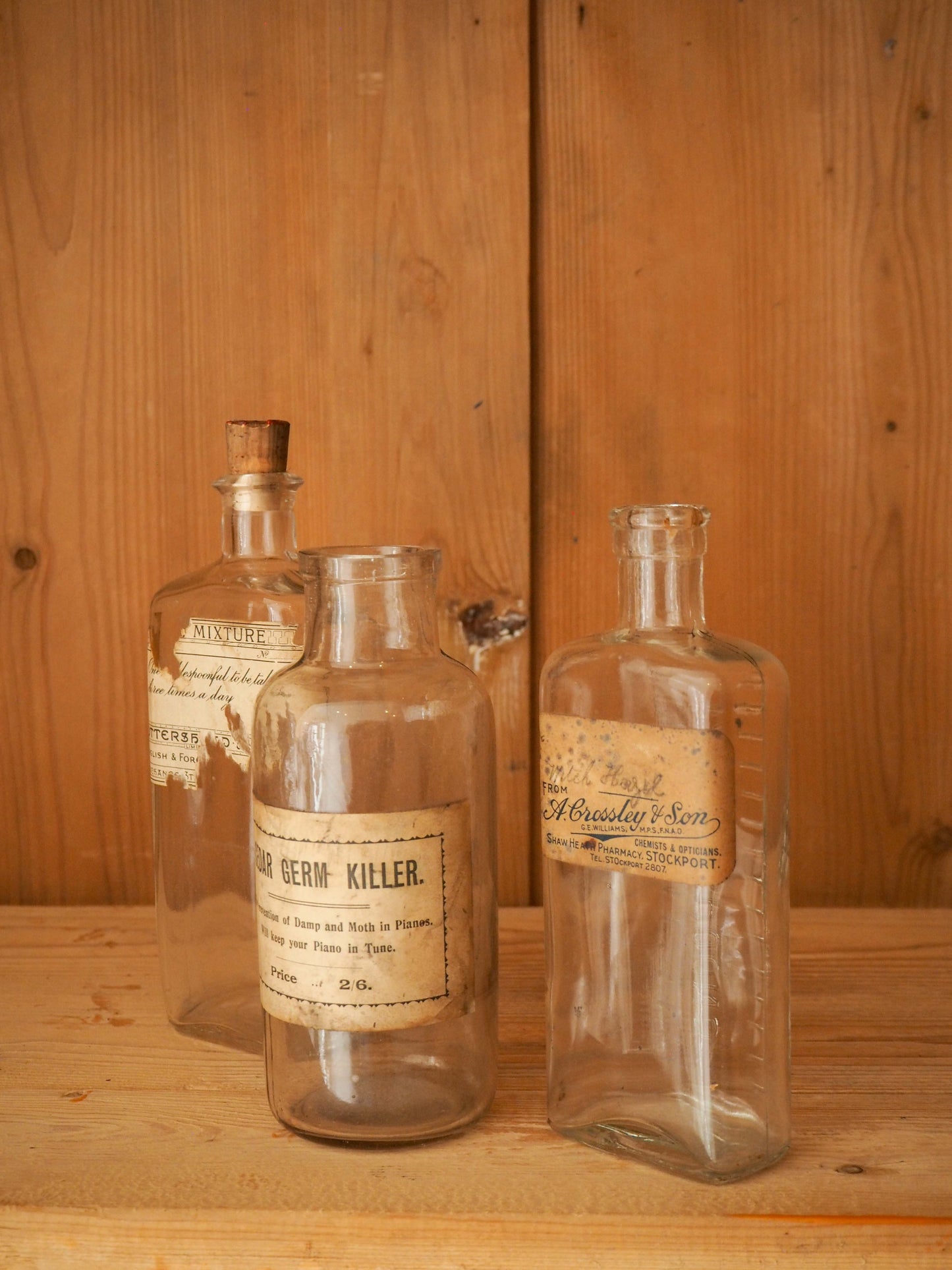 Trio of Vintage / Antique English Apothecary Chemist Bottles With Original Labels (Sold Individually)