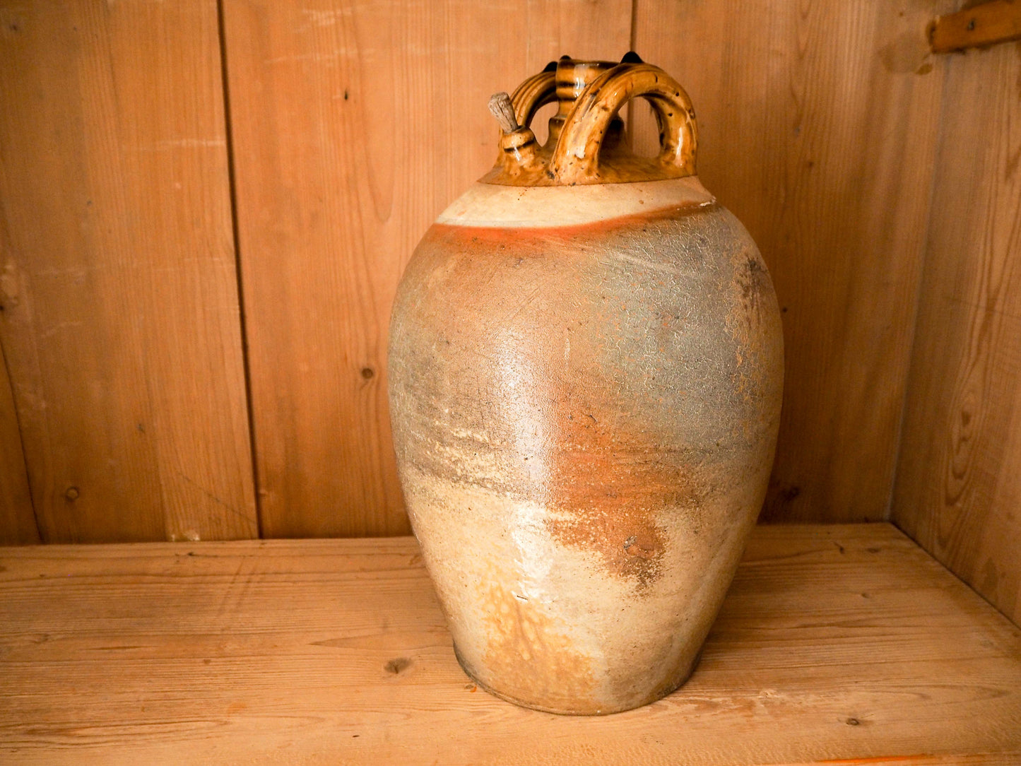 Vintage / Antique Rustic French Brown Large Stoneware Oil Jug / Kitchen Storage Jar
