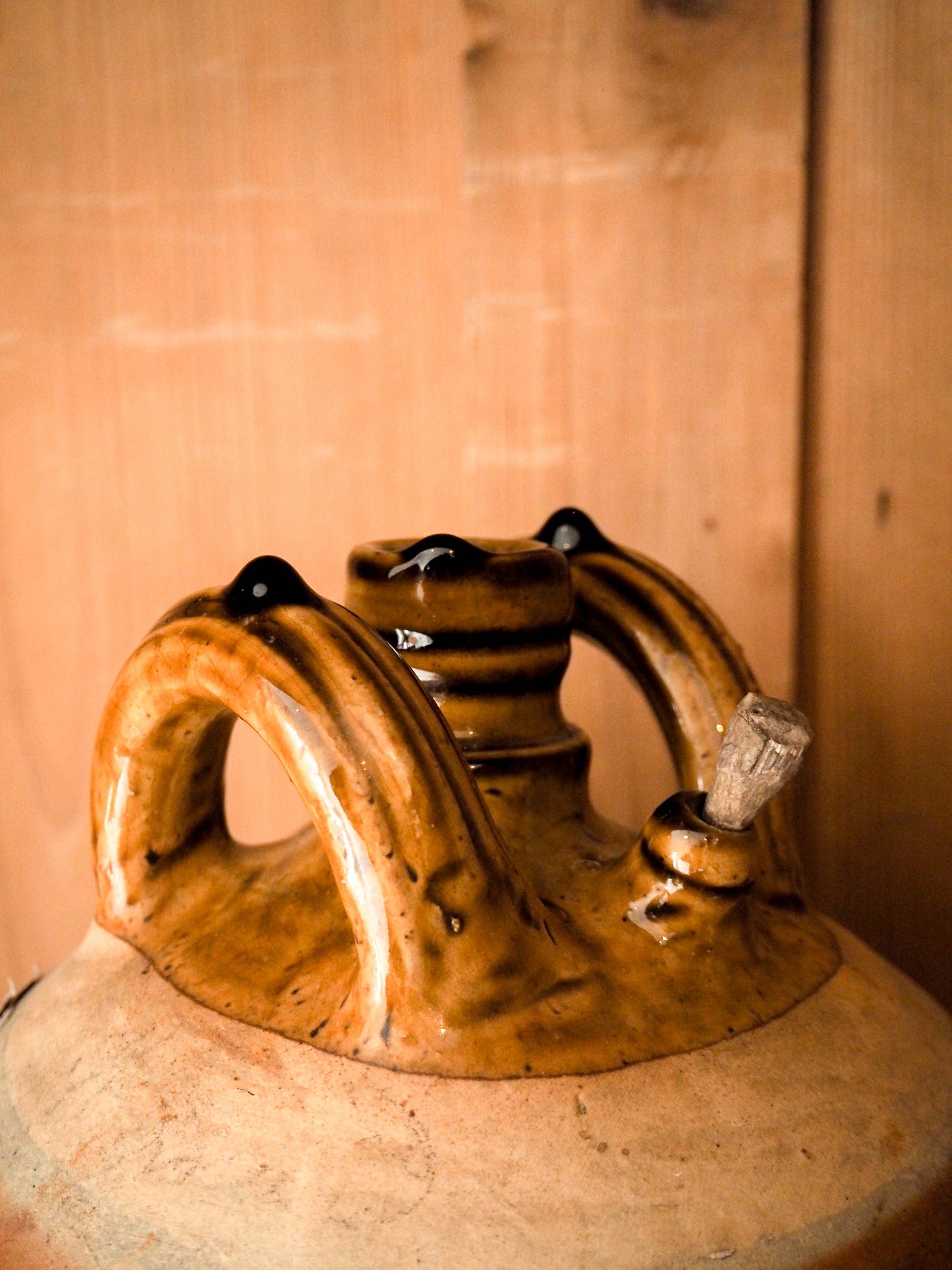 Vintage / Antique Rustic French Brown Large Stoneware Oil Jug / Kitchen Storage Jar