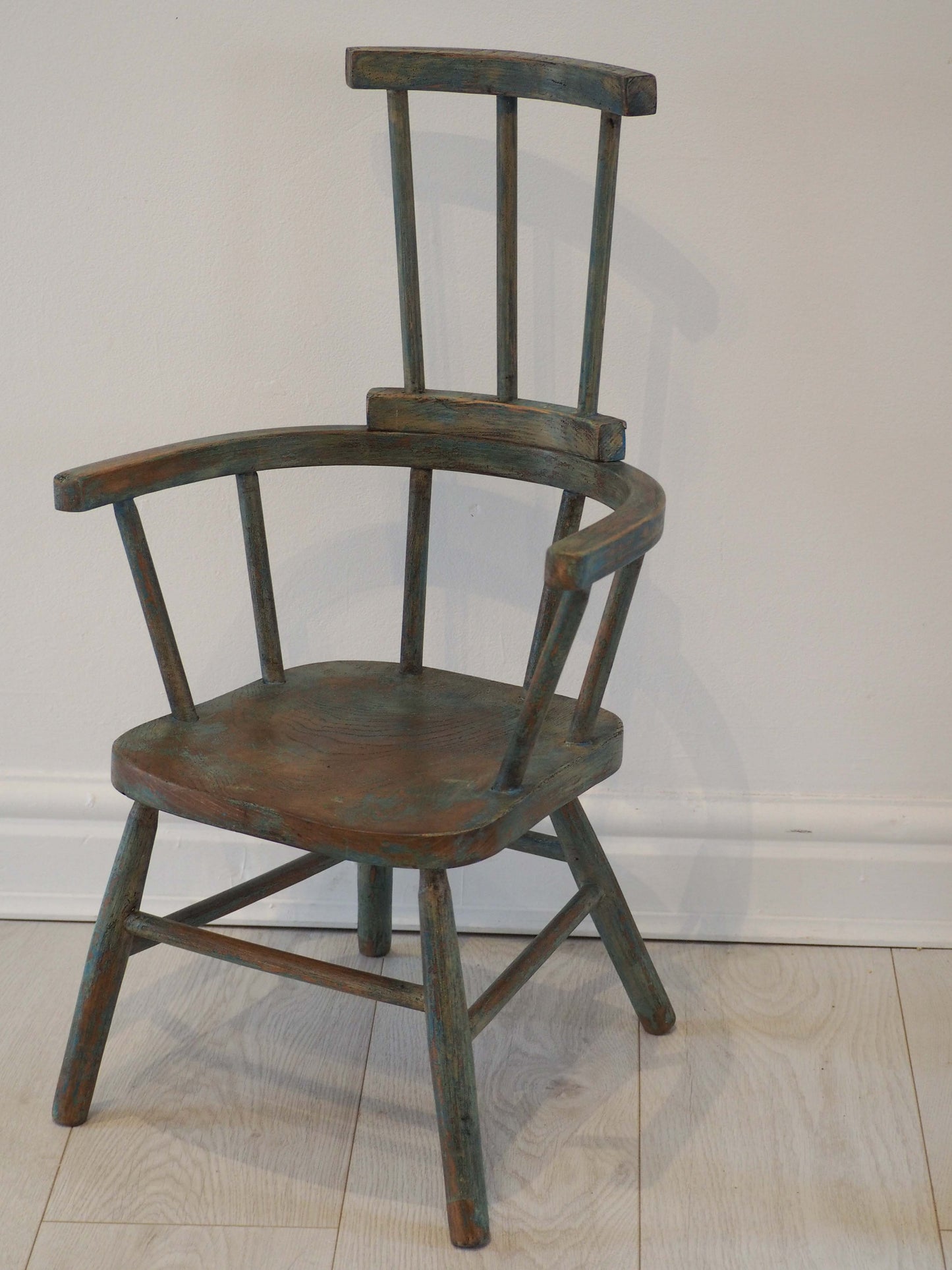 Vintage Antique Small Stick Back Style Chair With Green / Blue Paint