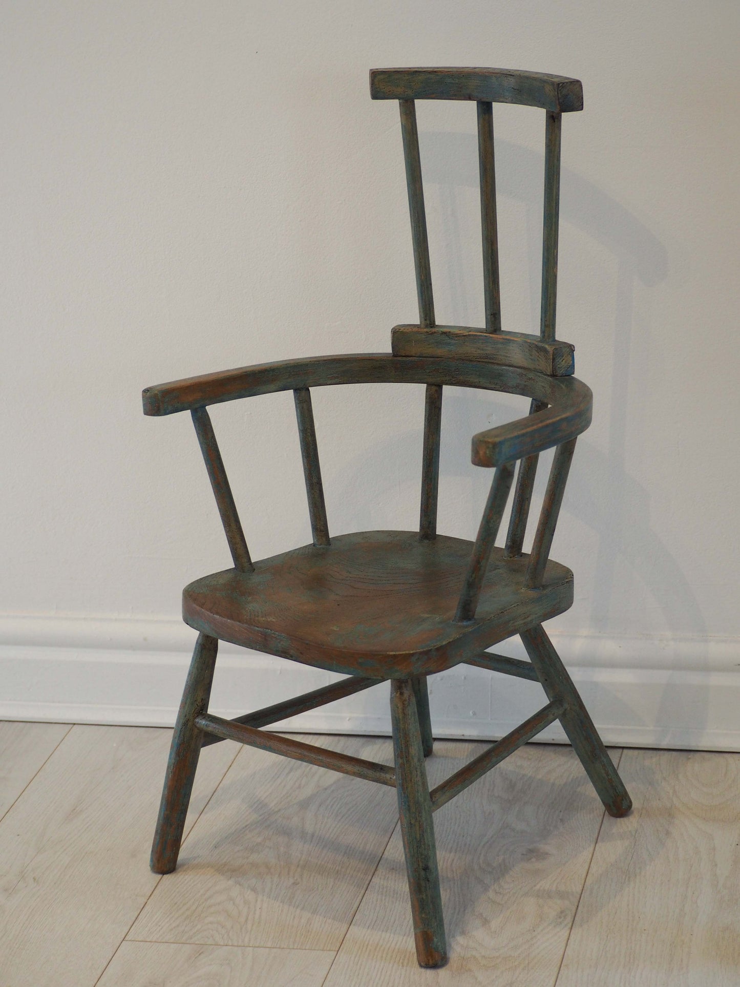 Vintage Antique Small Stick Back Style Chair With Green / Blue Paint
