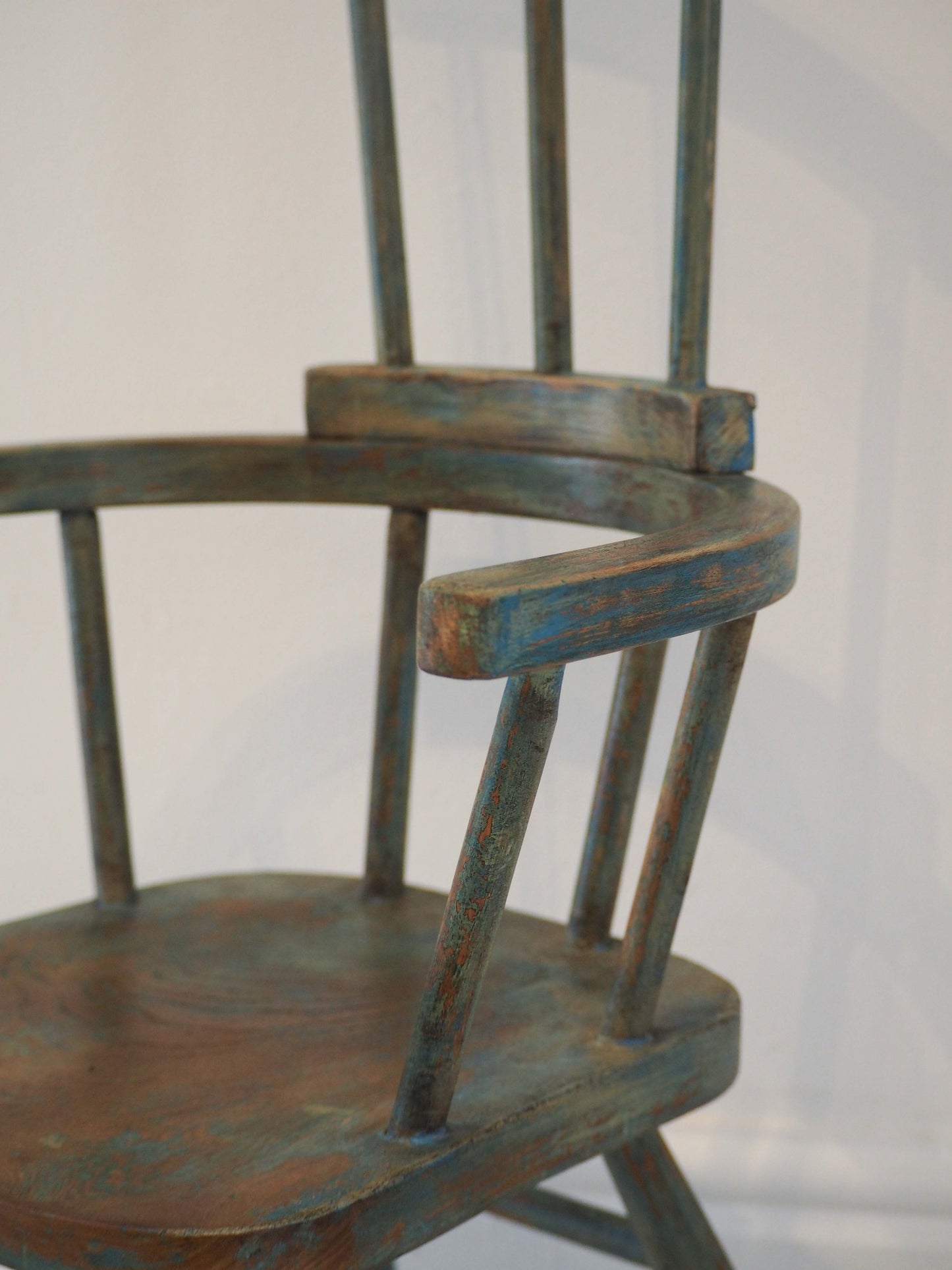 Vintage Antique Small Stick Back Style Chair With Green / Blue Paint