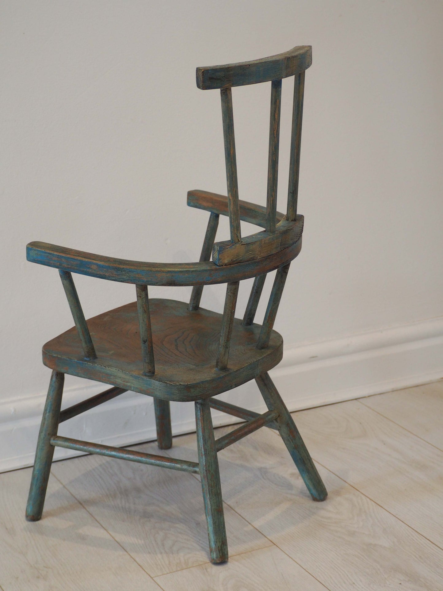 Vintage Antique Small Stick Back Style Chair With Green / Blue Paint