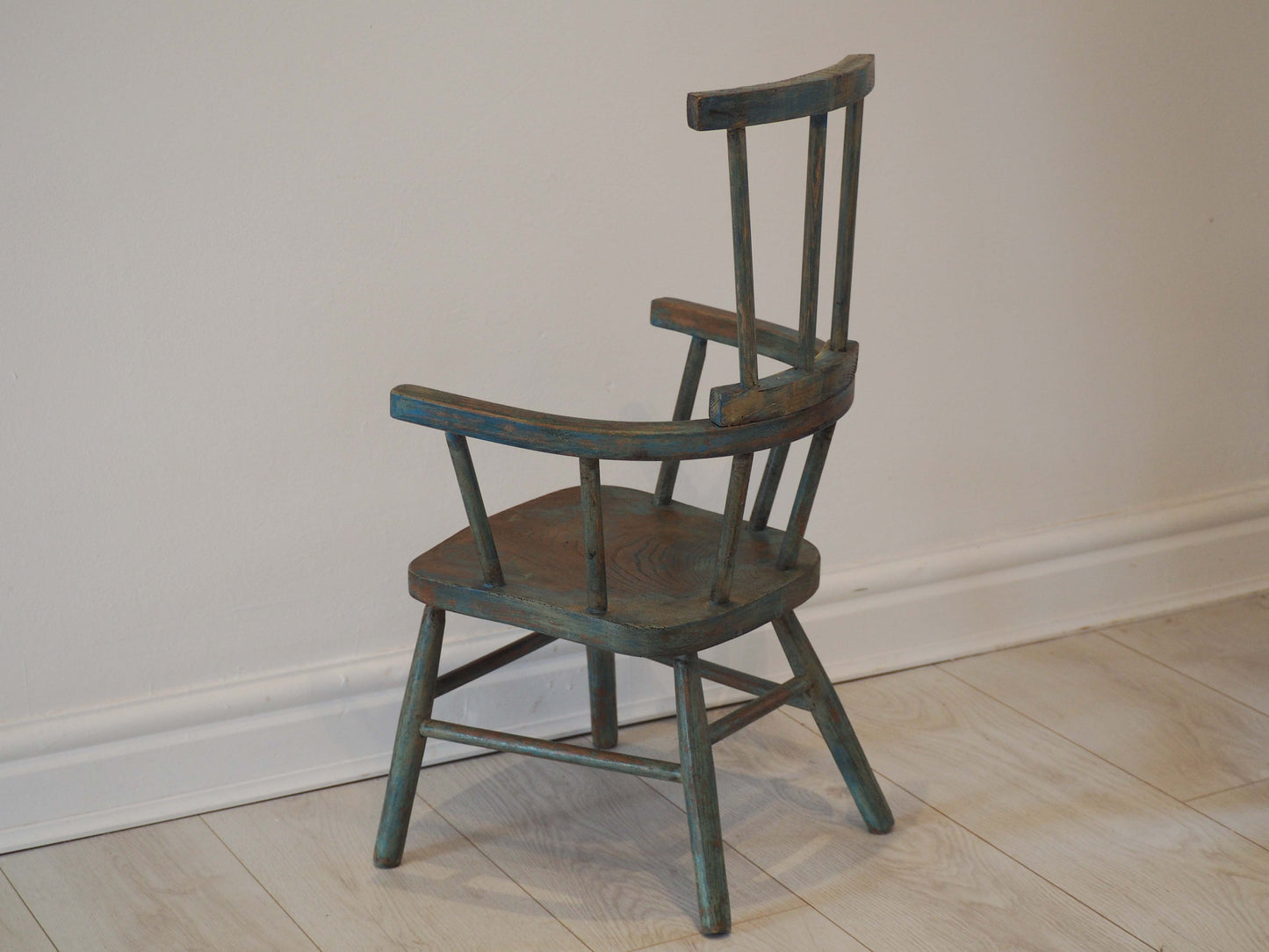 Vintage Antique Small Stick Back Style Chair With Green / Blue Paint