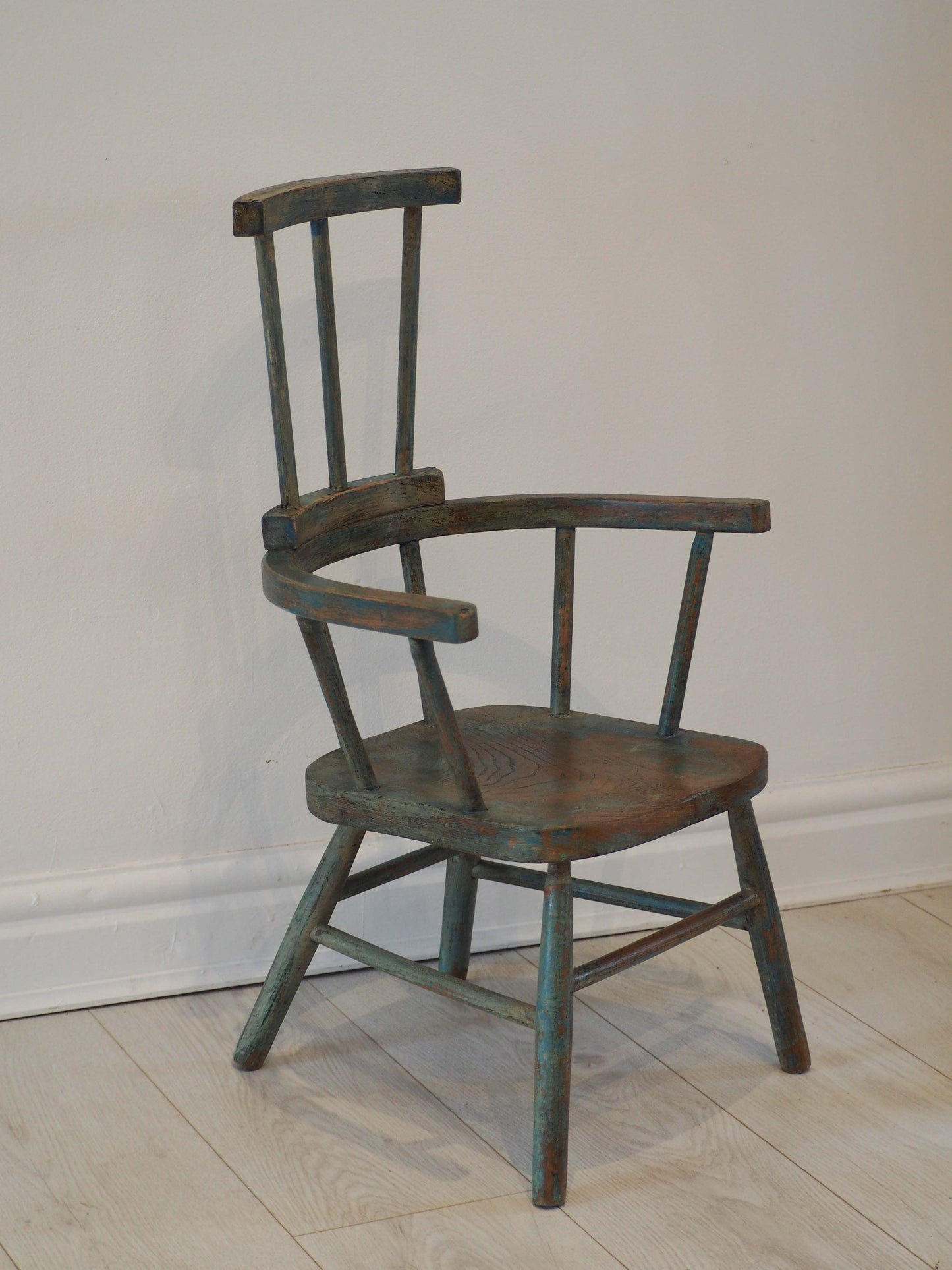 Vintage Antique Small Stick Back Style Chair With Green / Blue Paint