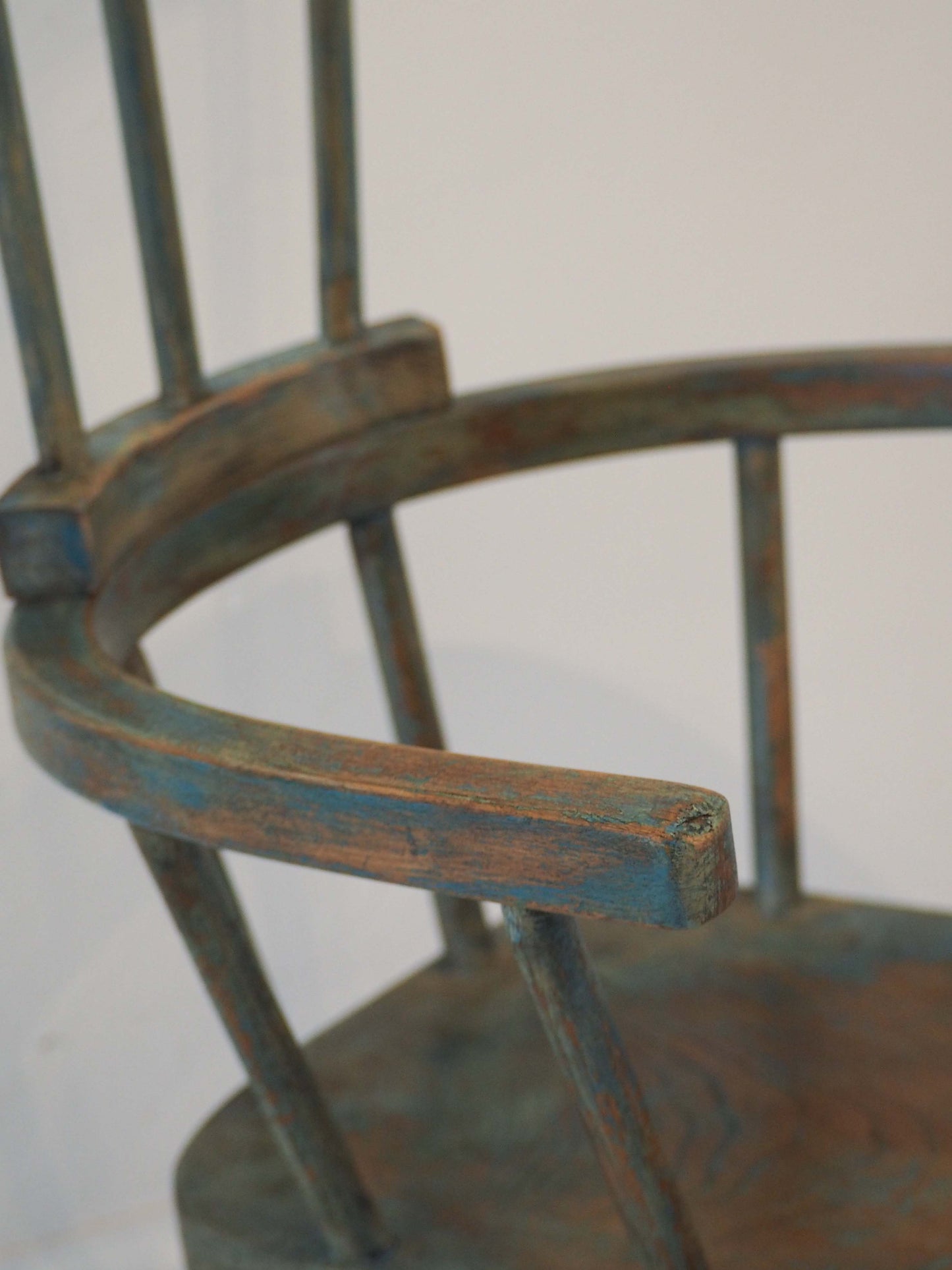 Vintage Antique Small Stick Back Style Chair With Green / Blue Paint