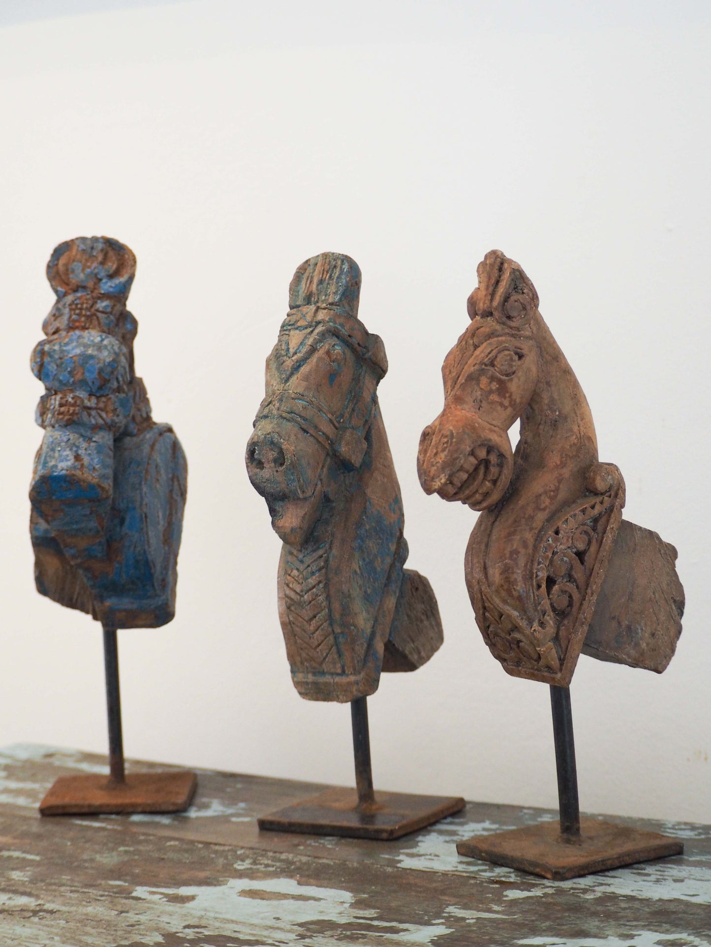 Antique Indian Hand-Carved Wooden Horses Heads on Stand / Blue Paint (Sold Individually)
