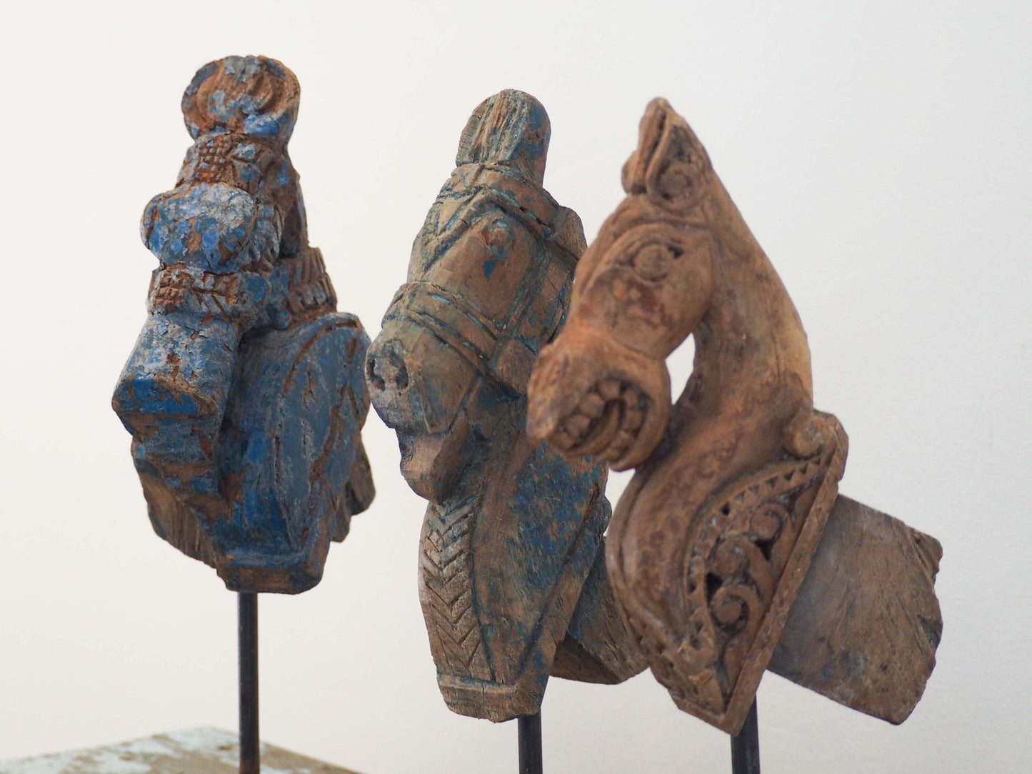 Antique Indian Hand-Carved Wooden Horses Heads on Stand / Blue Paint (Sold Individually)