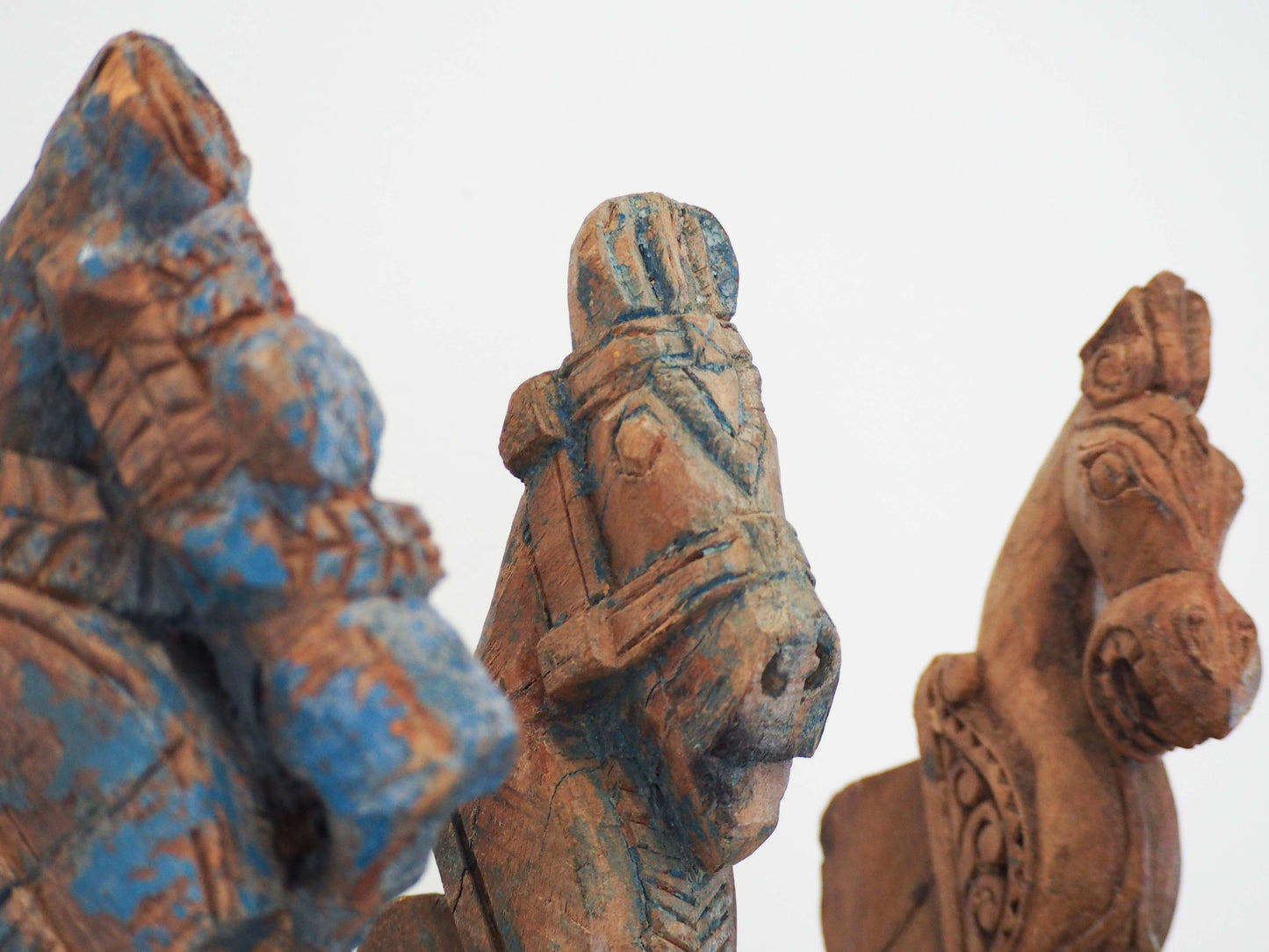 Antique Indian Hand-Carved Wooden Horses Heads on Stand / Blue Paint (Sold Individually)