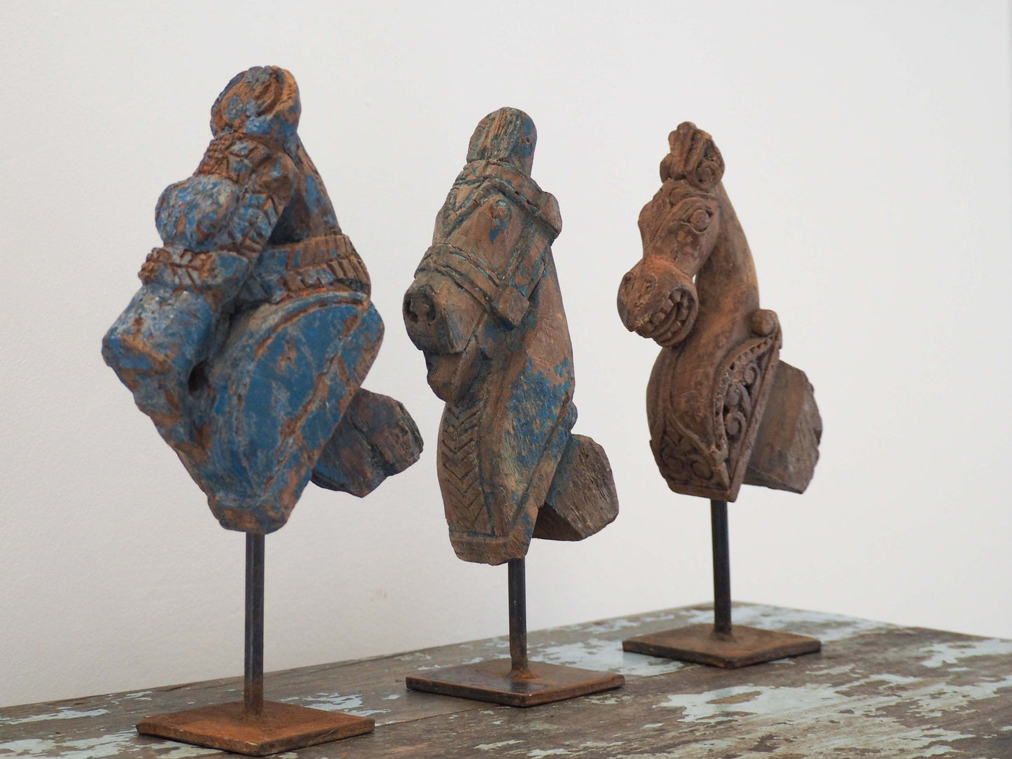 Antique Indian Hand-Carved Wooden Horses Heads on Stand / Blue Paint (Sold Individually)