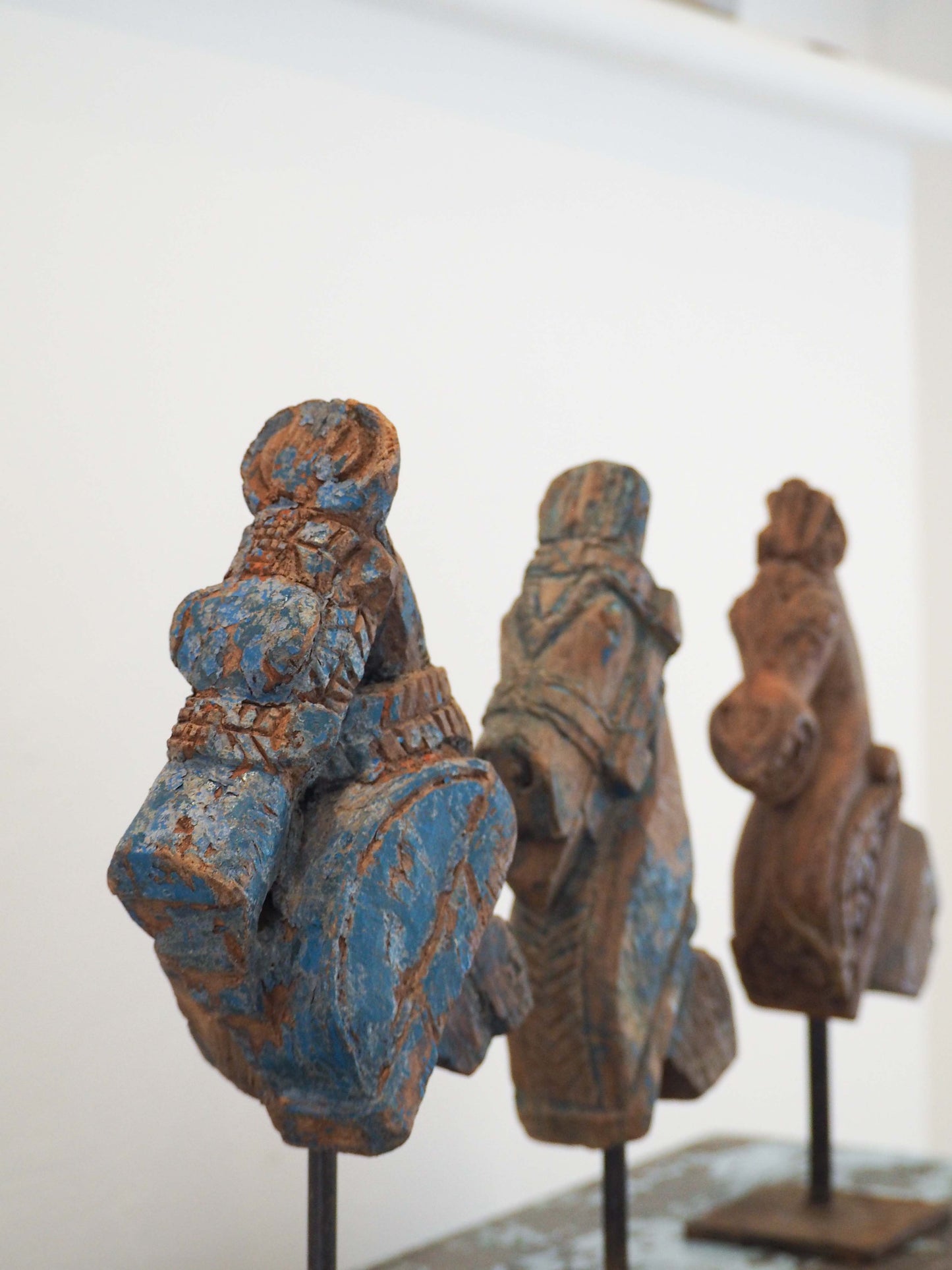 Antique Indian Hand-Carved Wooden Horses Heads on Stand / Blue Paint (Sold Individually)