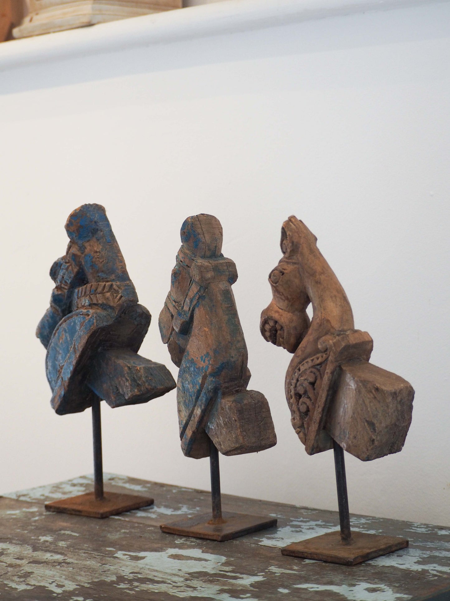 Antique Indian Hand-Carved Wooden Horses Heads on Stand / Blue Paint (Sold Individually)