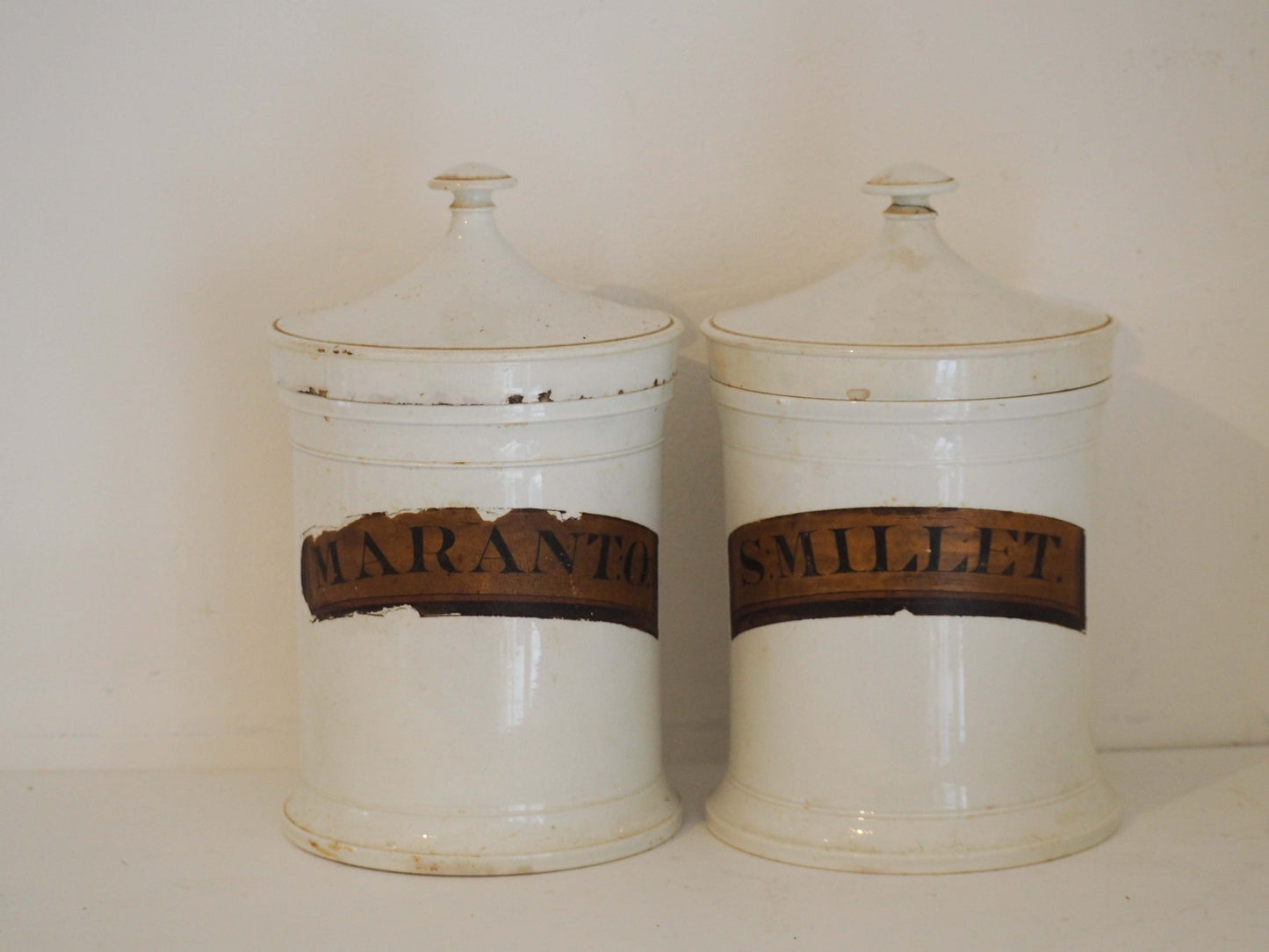 Pair of Vintage / Antique Large White Porcelain Apothecary Chemist Bottles With Original Labels