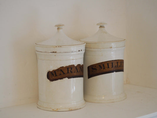 Pair of Vintage / Antique Large White Porcelain Apothecary Chemist Bottles With Original Labels