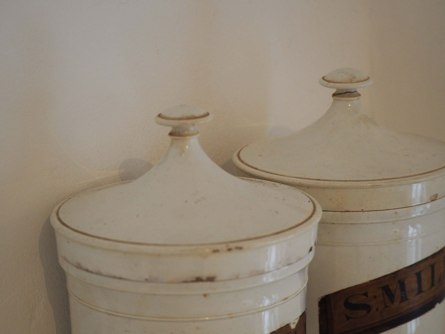Pair of Vintage / Antique Large White Porcelain Apothecary Chemist Bottles With Original Labels