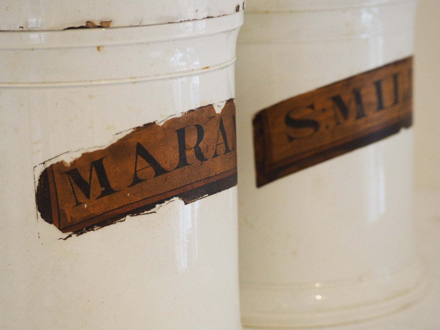 Pair of Vintage / Antique Large White Porcelain Apothecary Chemist Bottles With Original Labels