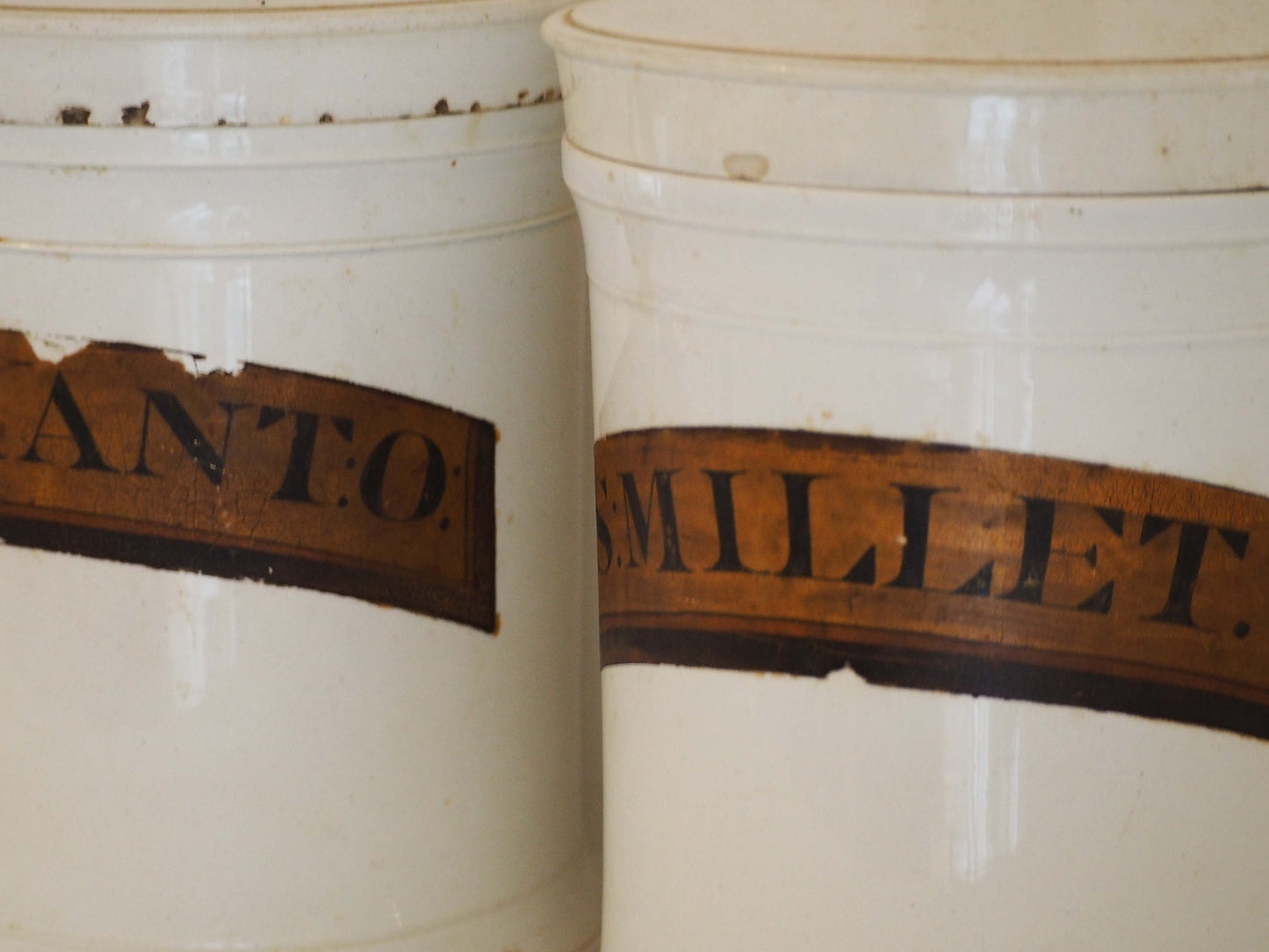 Pair of Vintage / Antique Large White Porcelain Apothecary Chemist Bottles With Original Labels