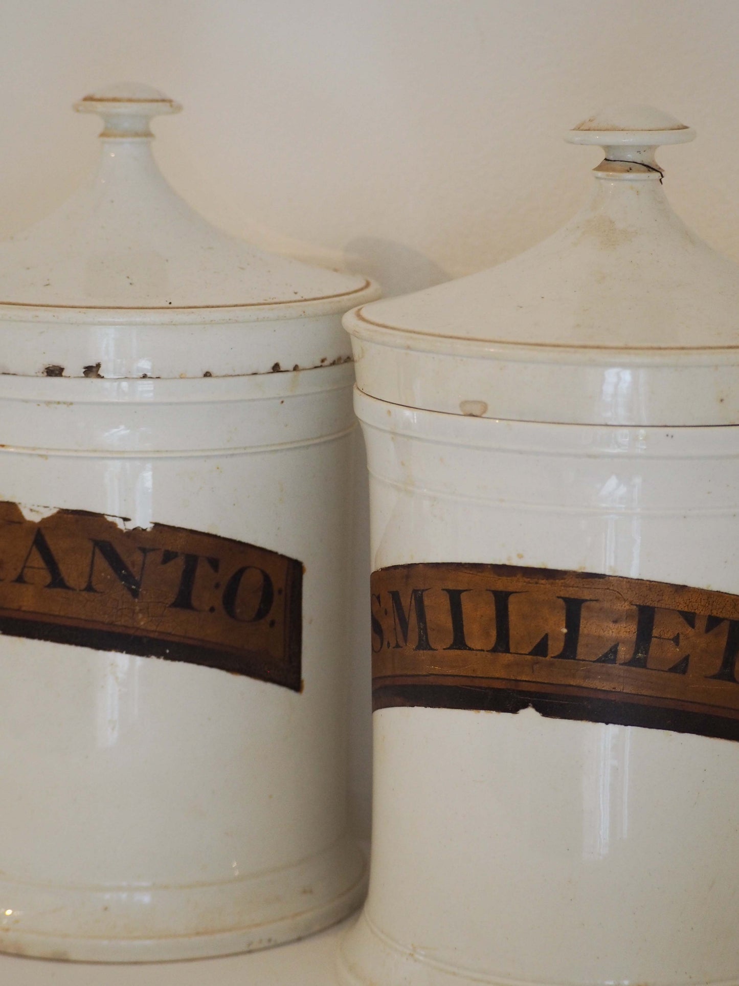 Pair of Vintage / Antique Large White Porcelain Apothecary Chemist Bottles With Original Labels