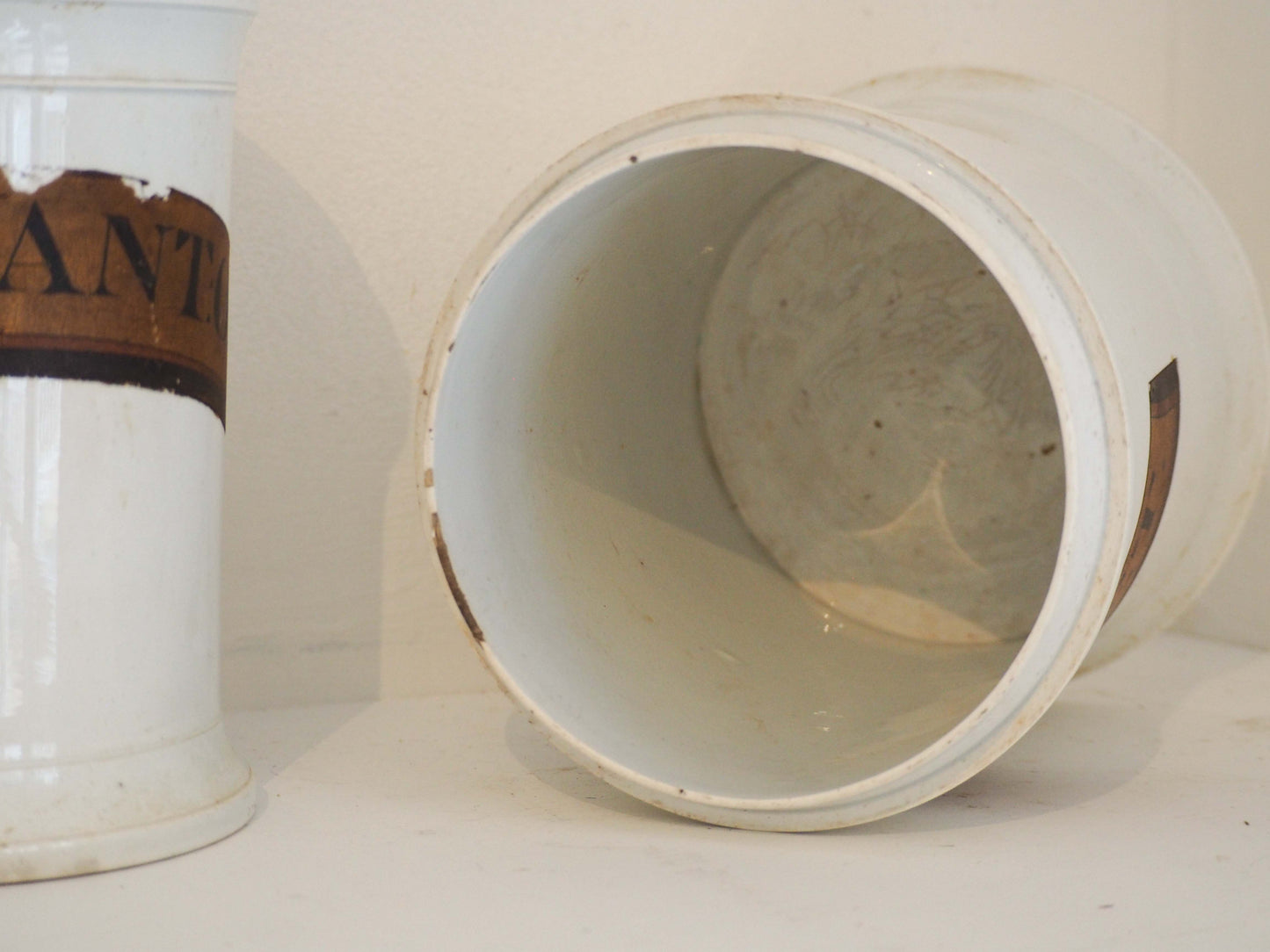 Pair of Vintage / Antique Large White Porcelain Apothecary Chemist Bottles With Original Labels