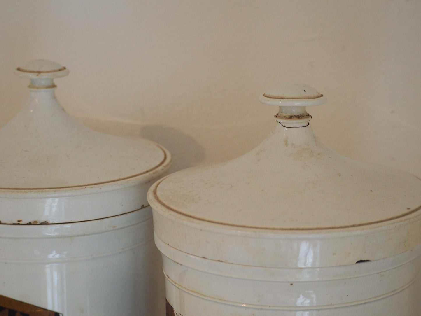 Pair of Vintage / Antique Large White Porcelain Apothecary Chemist Bottles With Original Labels
