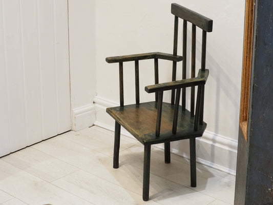 Vintage Antique Small Stick Back Style Wooden Chair With Green Paint