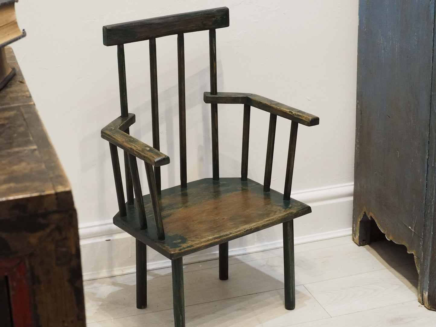 Vintage Antique Small Stick Back Style Wooden Chair With Green Paint