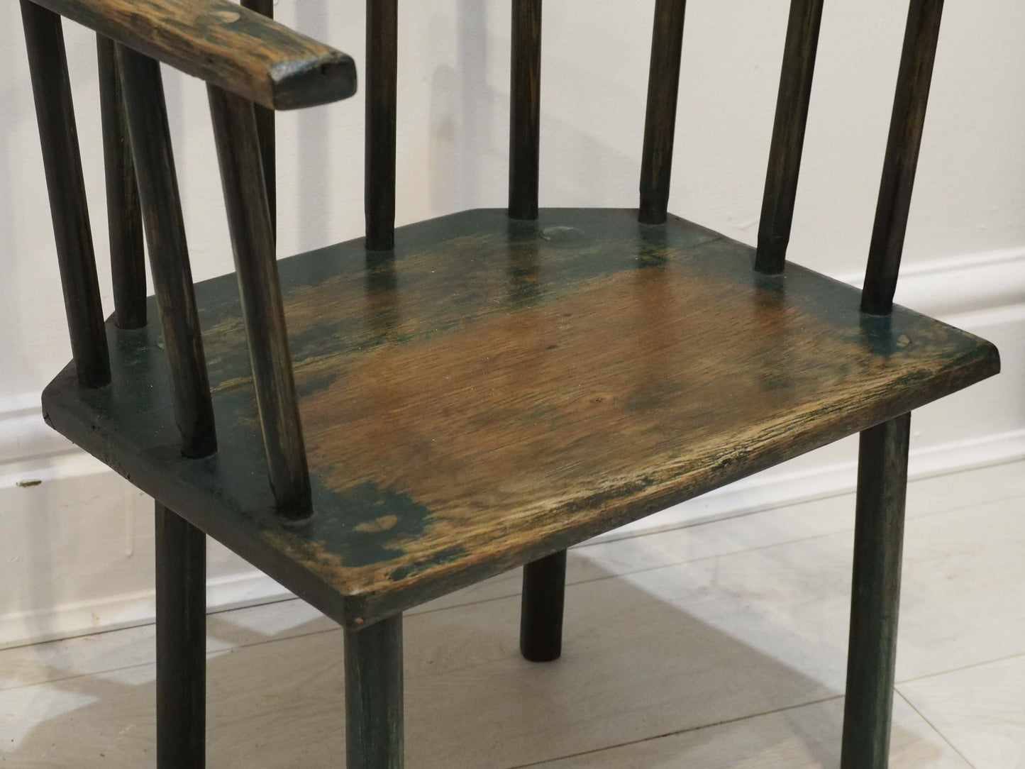 Vintage Antique Small Stick Back Style Wooden Chair With Green Paint