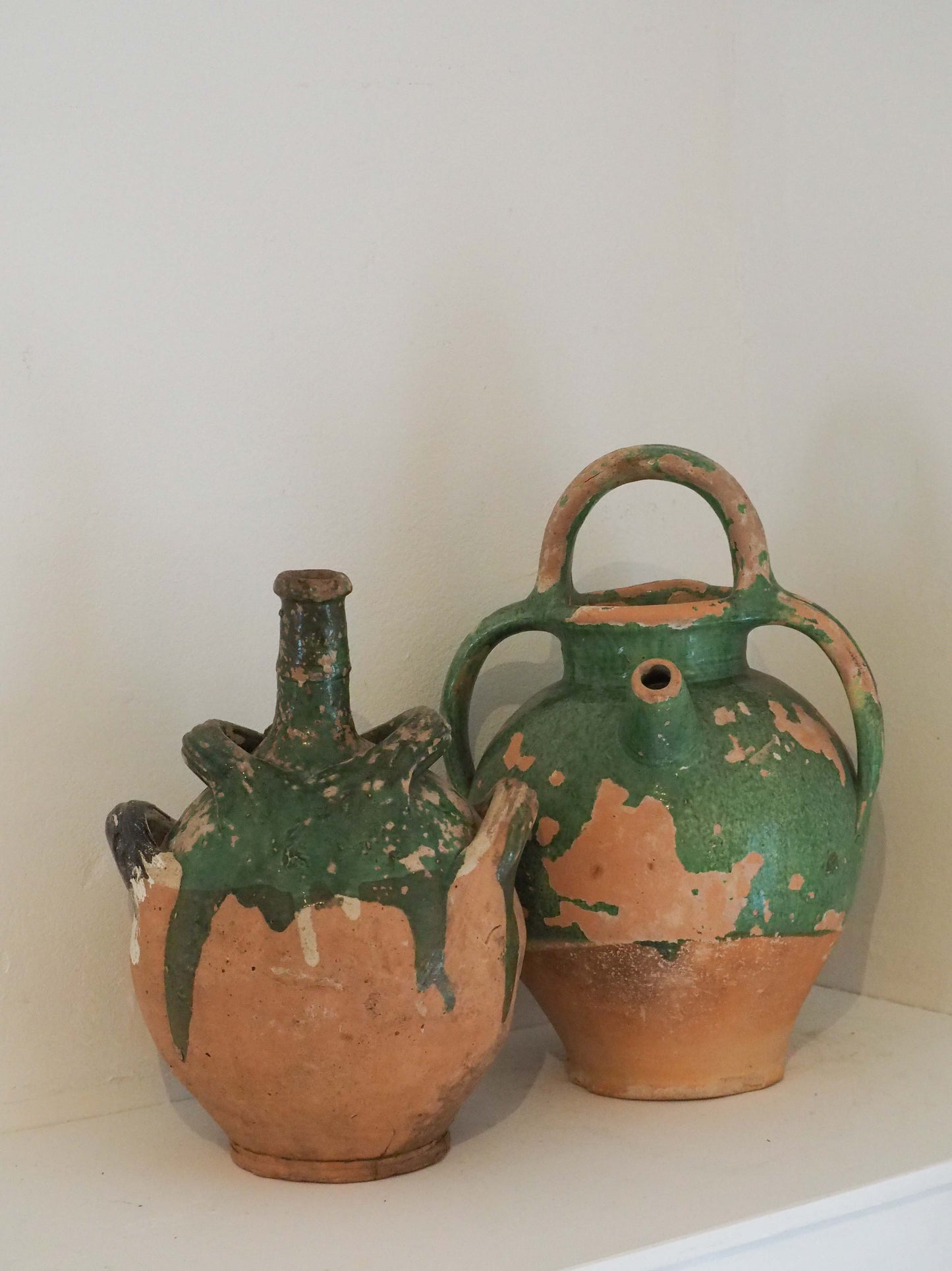 Antique French Green Glazed Terracotta Jug with Spout & Handles / Decorative Pot (Sold Individually)