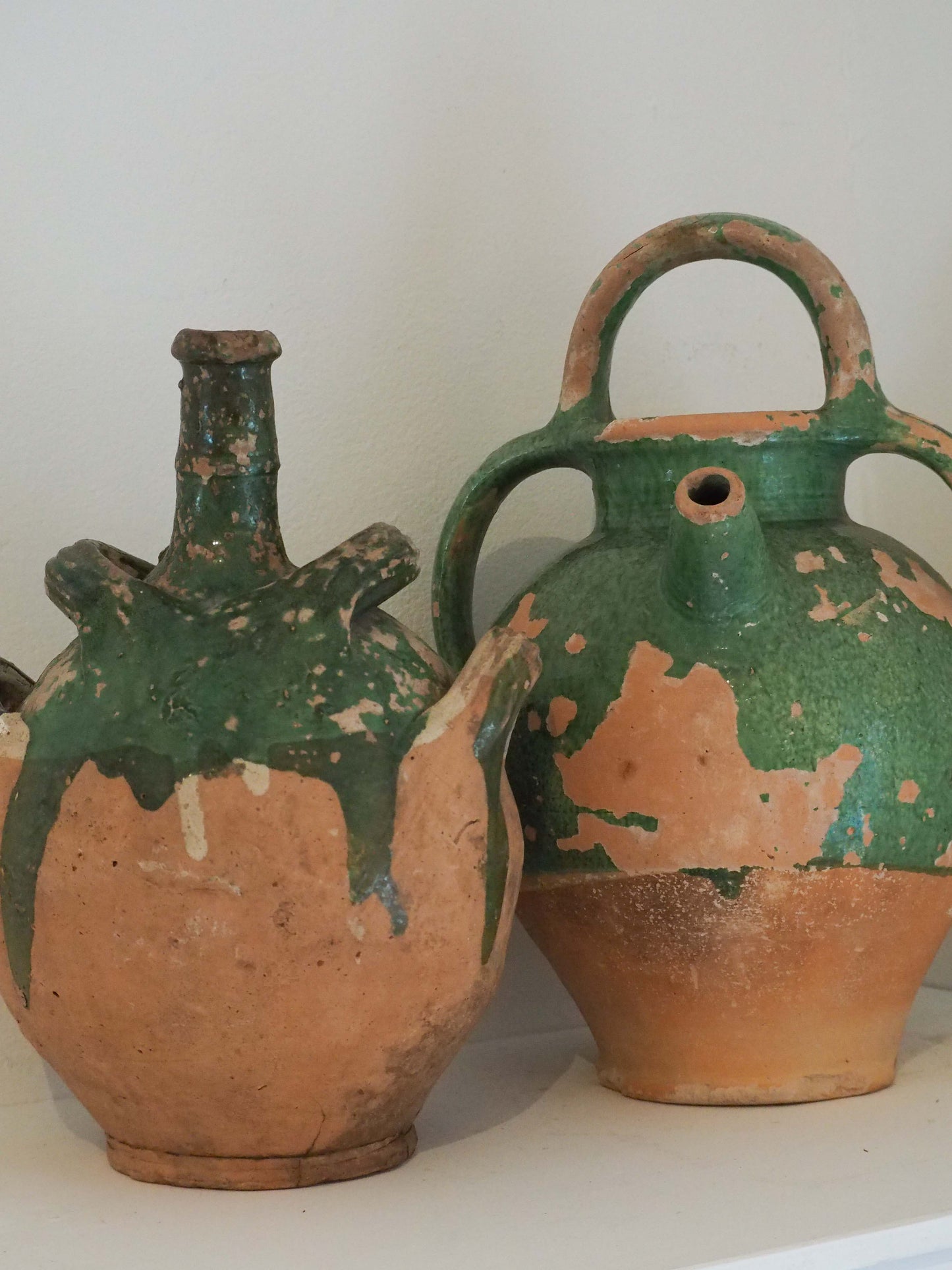 Antique French Green Glazed Terracotta Jug with Spout & Handles / Decorative Pot (Sold Individually)