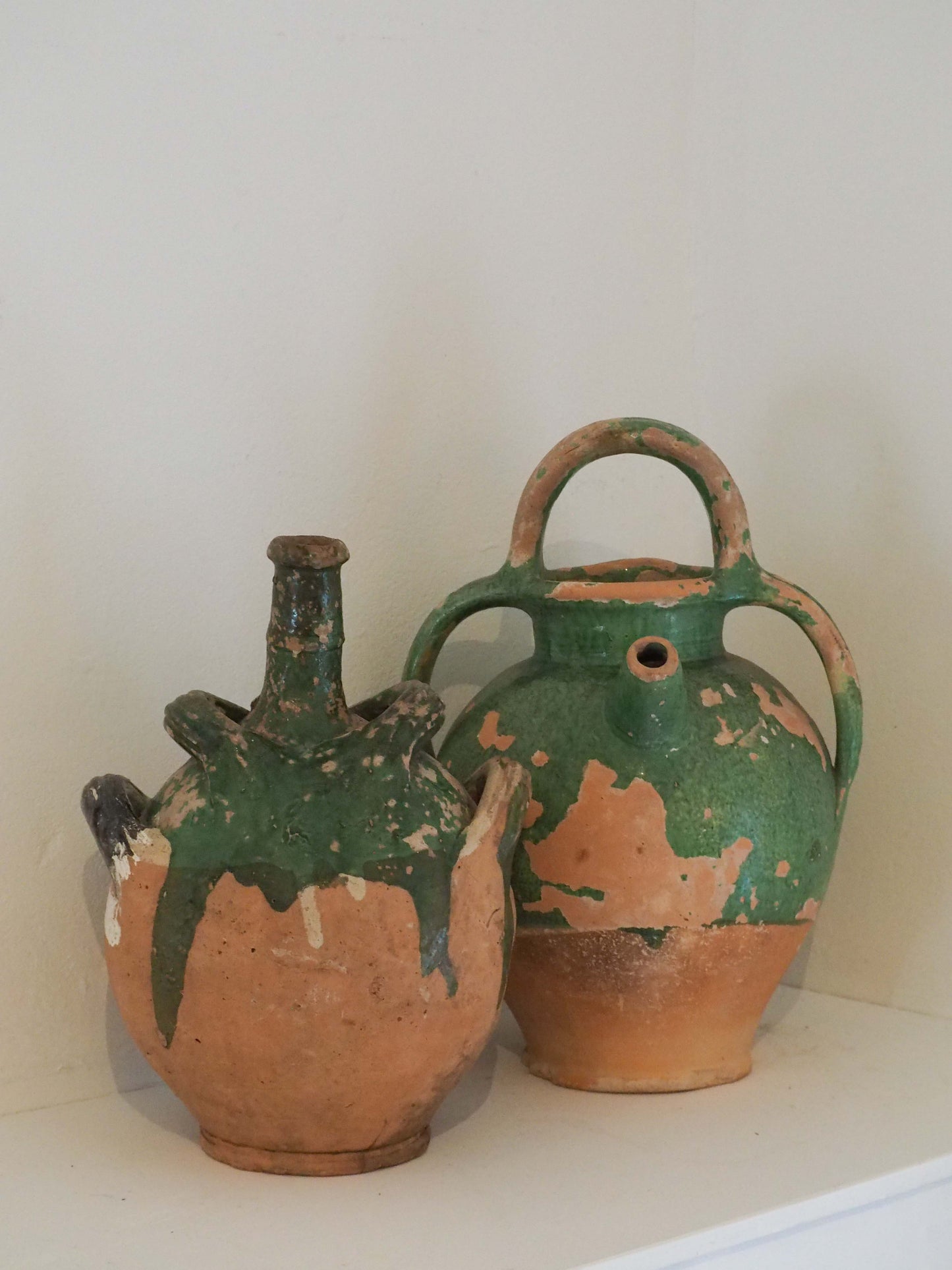 Antique French Green Glazed Terracotta Jug with Spout & Handles / Decorative Pot (Sold Individually)
