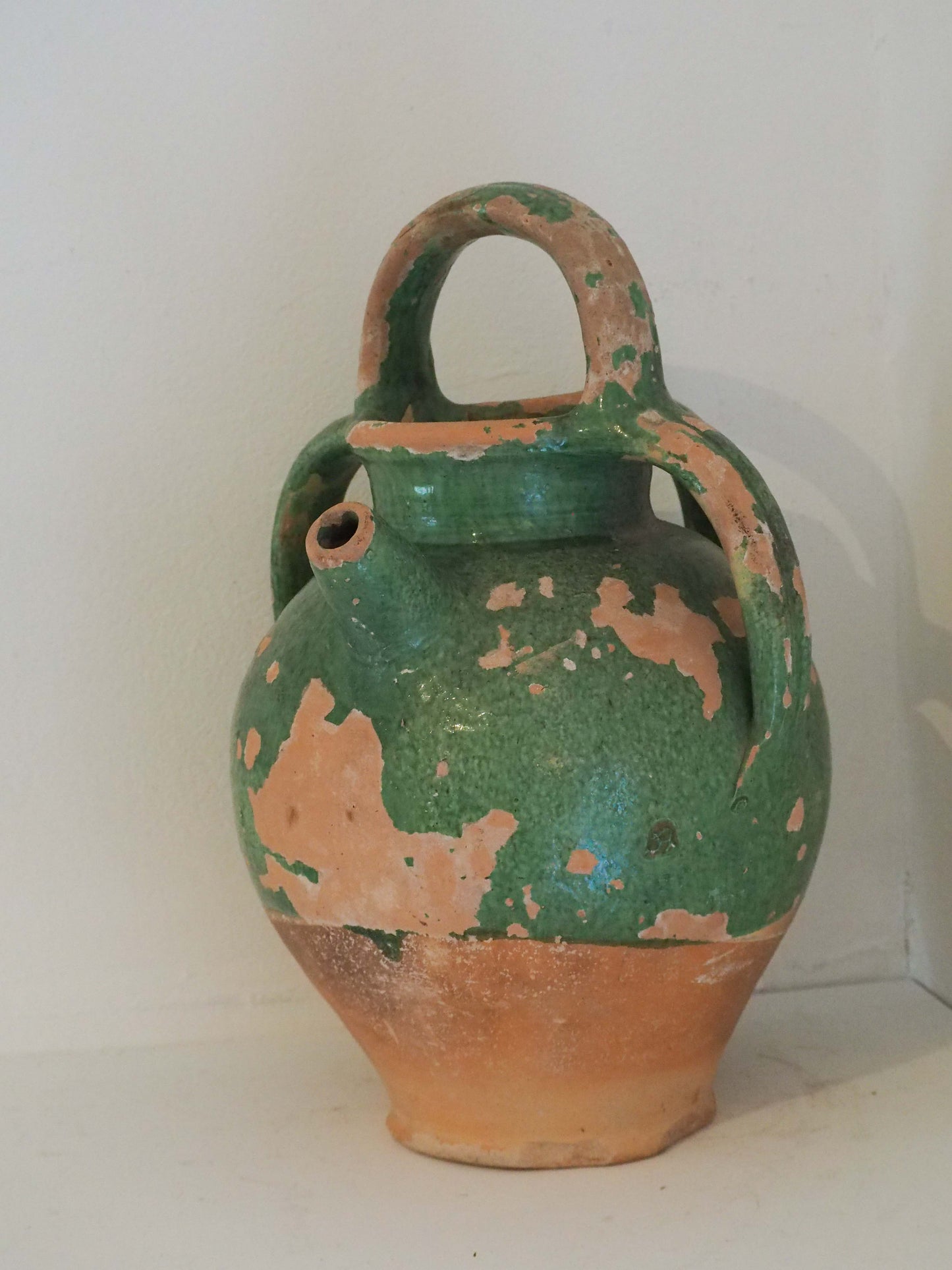 Antique French Green Glazed Terracotta Jug with Spout & Handles / Decorative Pot (Sold Individually)