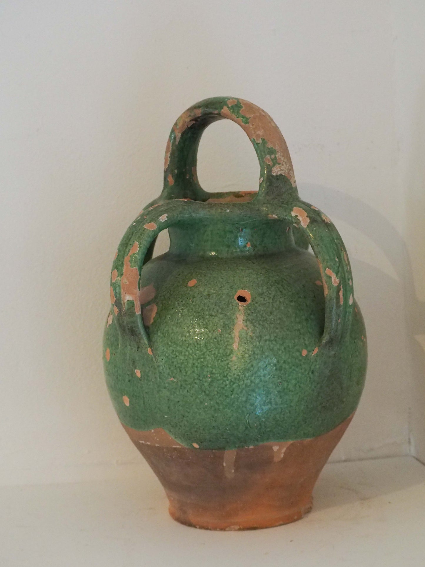 Antique French Green Glazed Terracotta Jug with Spout & Handles / Decorative Pot (Sold Individually)