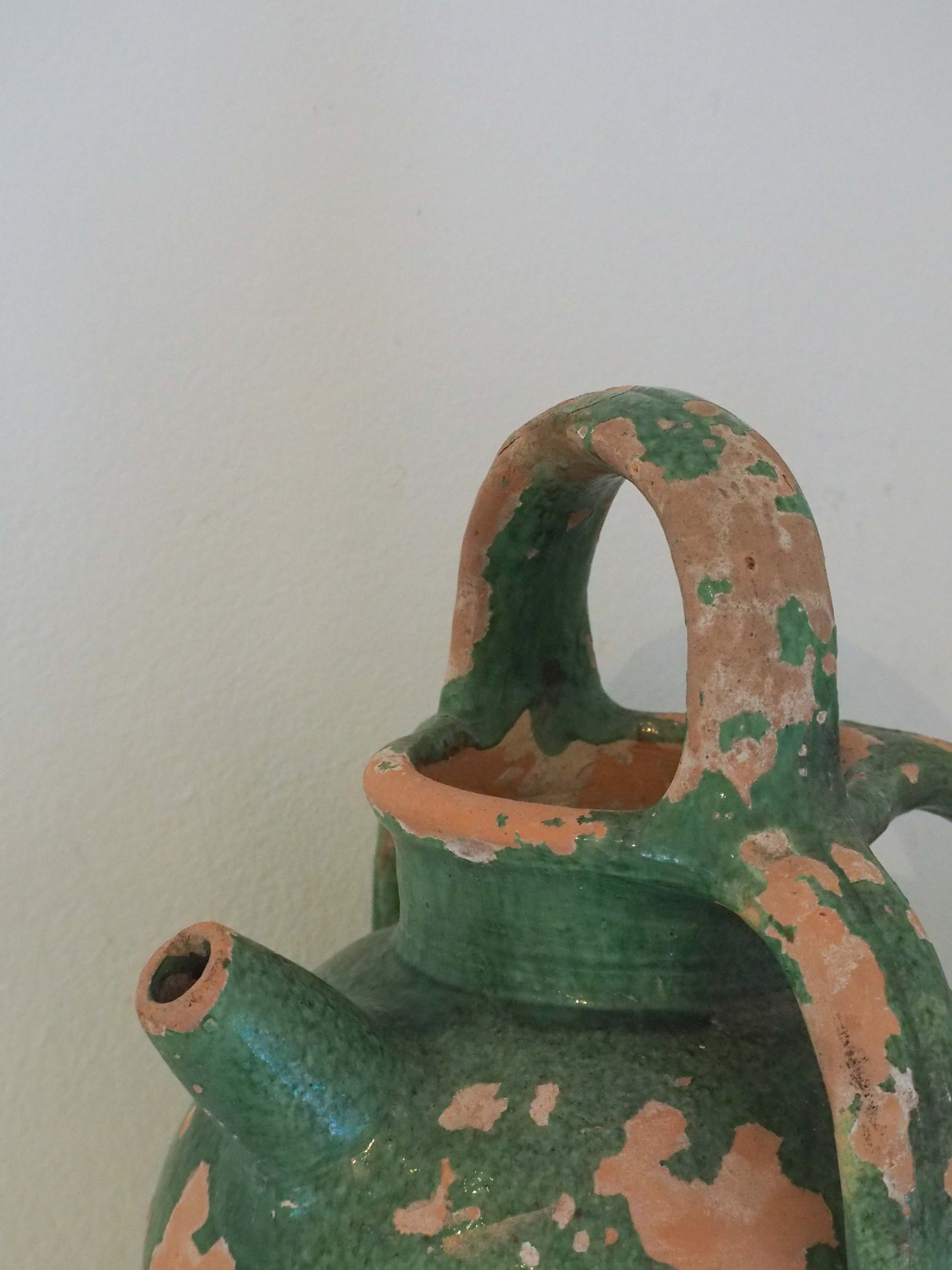 Antique French Green Glazed Terracotta Jug with Spout & Handles / Decorative Pot (Sold Individually)