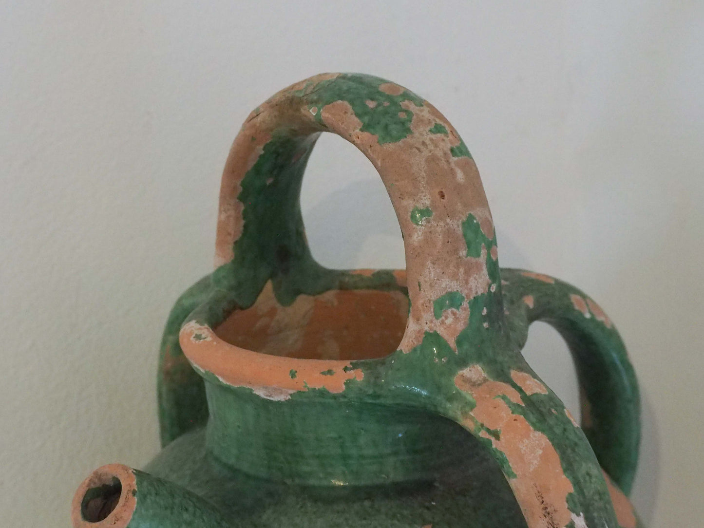 Antique French Green Glazed Terracotta Jug with Spout & Handles / Decorative Pot (Sold Individually)