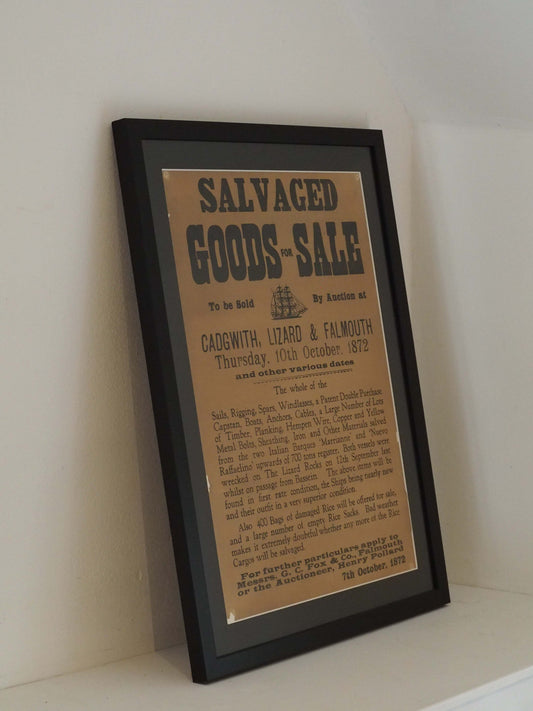 Antique Vintage Original 'Salvaged Goods for Sale' Framed Poster from 1872 / Decorative Wall Art