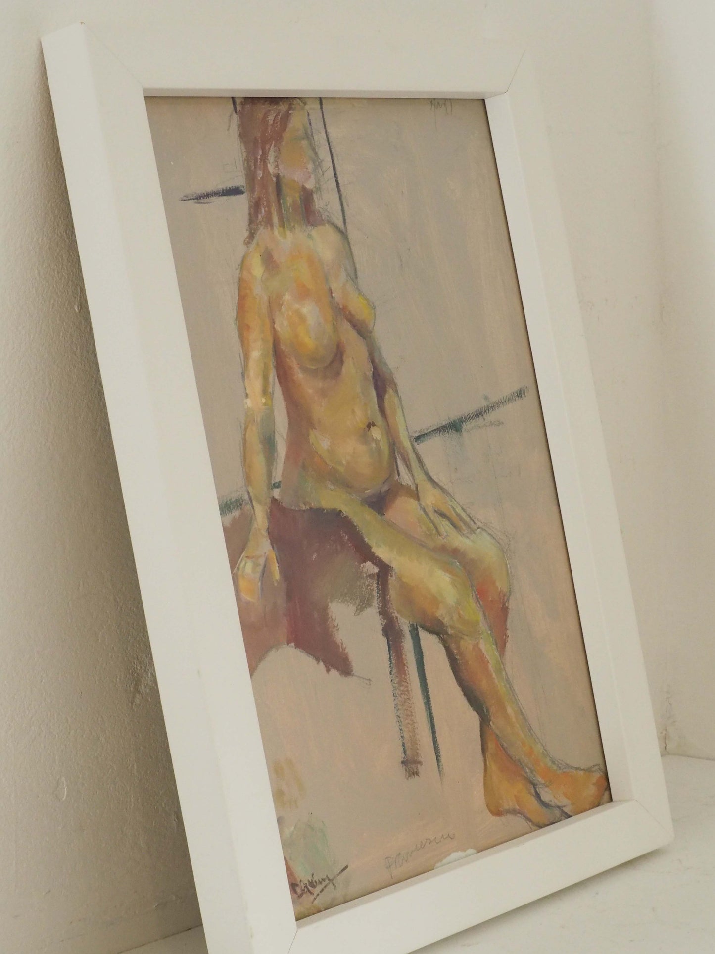 Original Painting by Wirral Artist Derek King in White Frame / Nude Figure Art / Decorative Wall Art