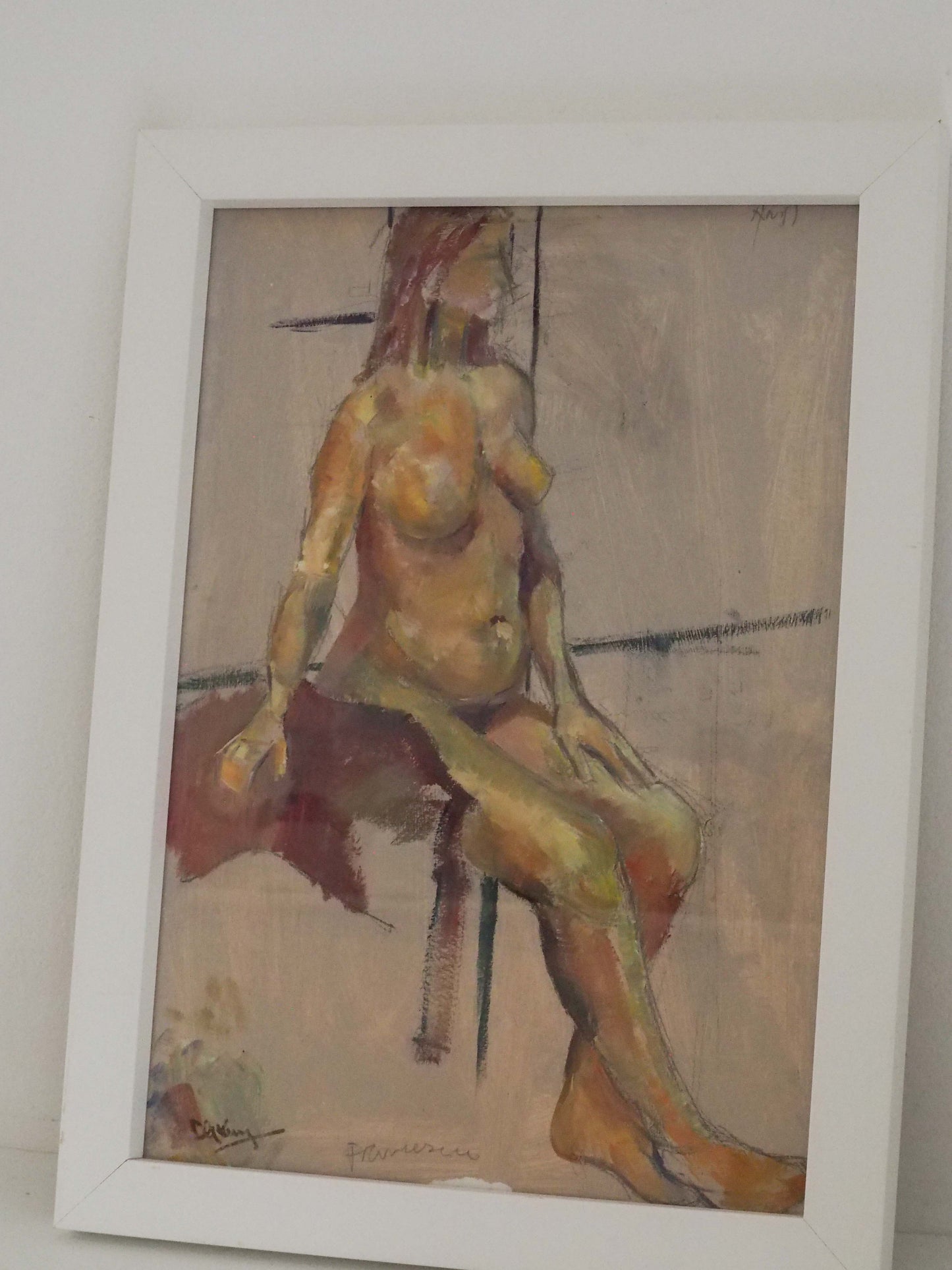 Original Painting by Wirral Artist Derek King in White Frame / Nude Figure Art / Decorative Wall Art