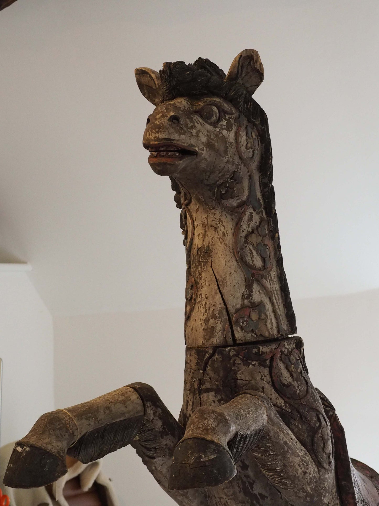 Antique Early 20th-Century Large Rare Hand-Carved Asian Decorative Wooden Horse Sculpture