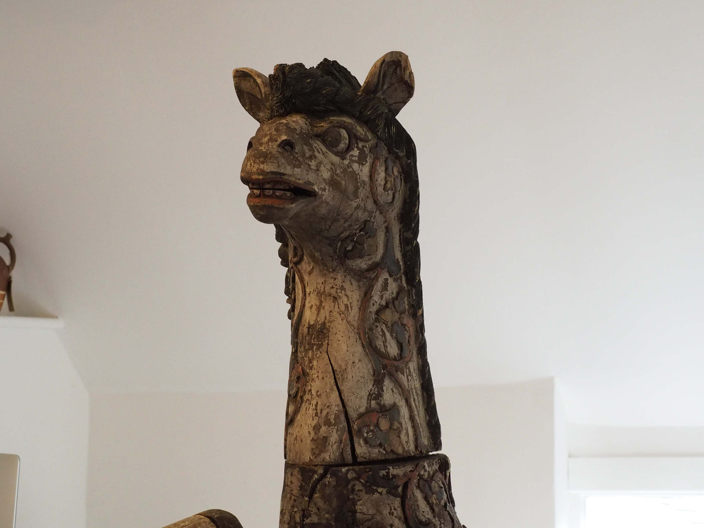 Antique Early 20th-Century Large Rare Hand-Carved Asian Decorative Wooden Horse Sculpture